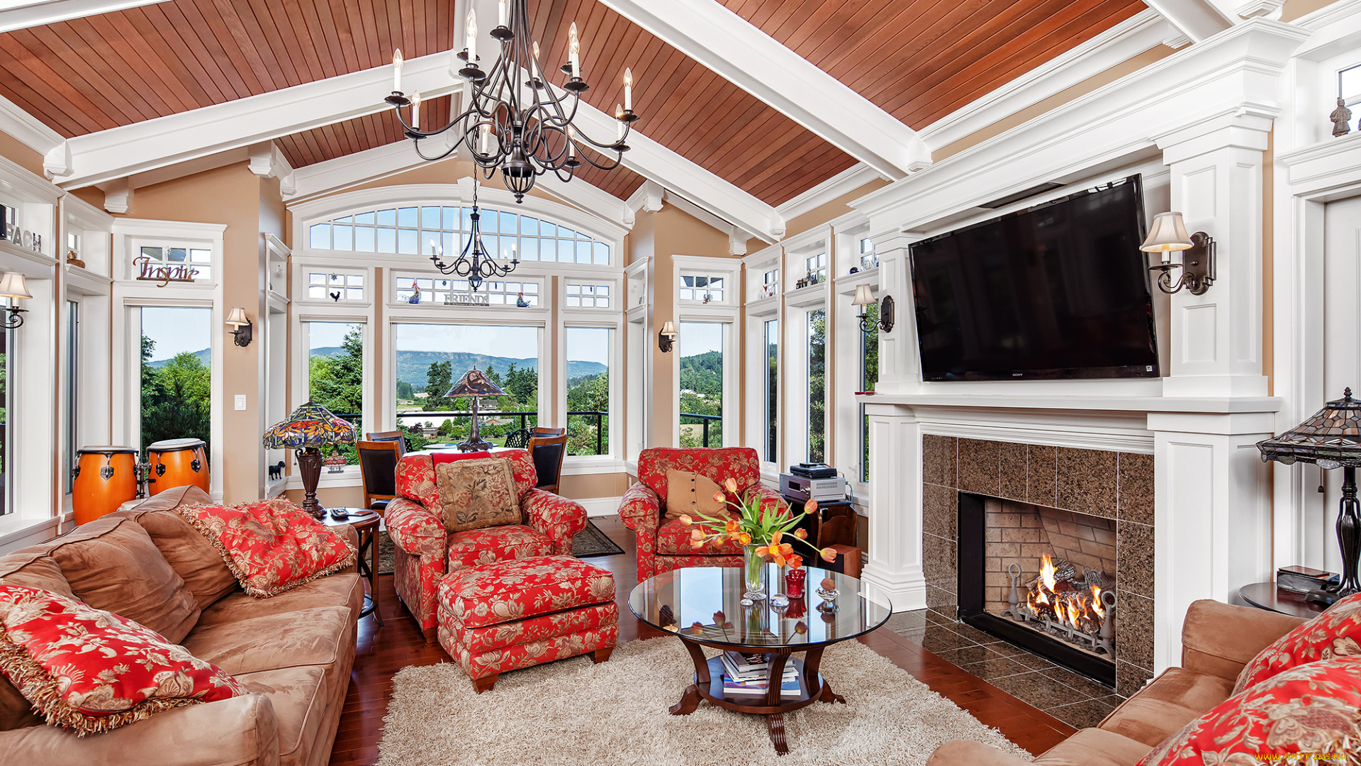 интерьер, гостиная, камин, диваны