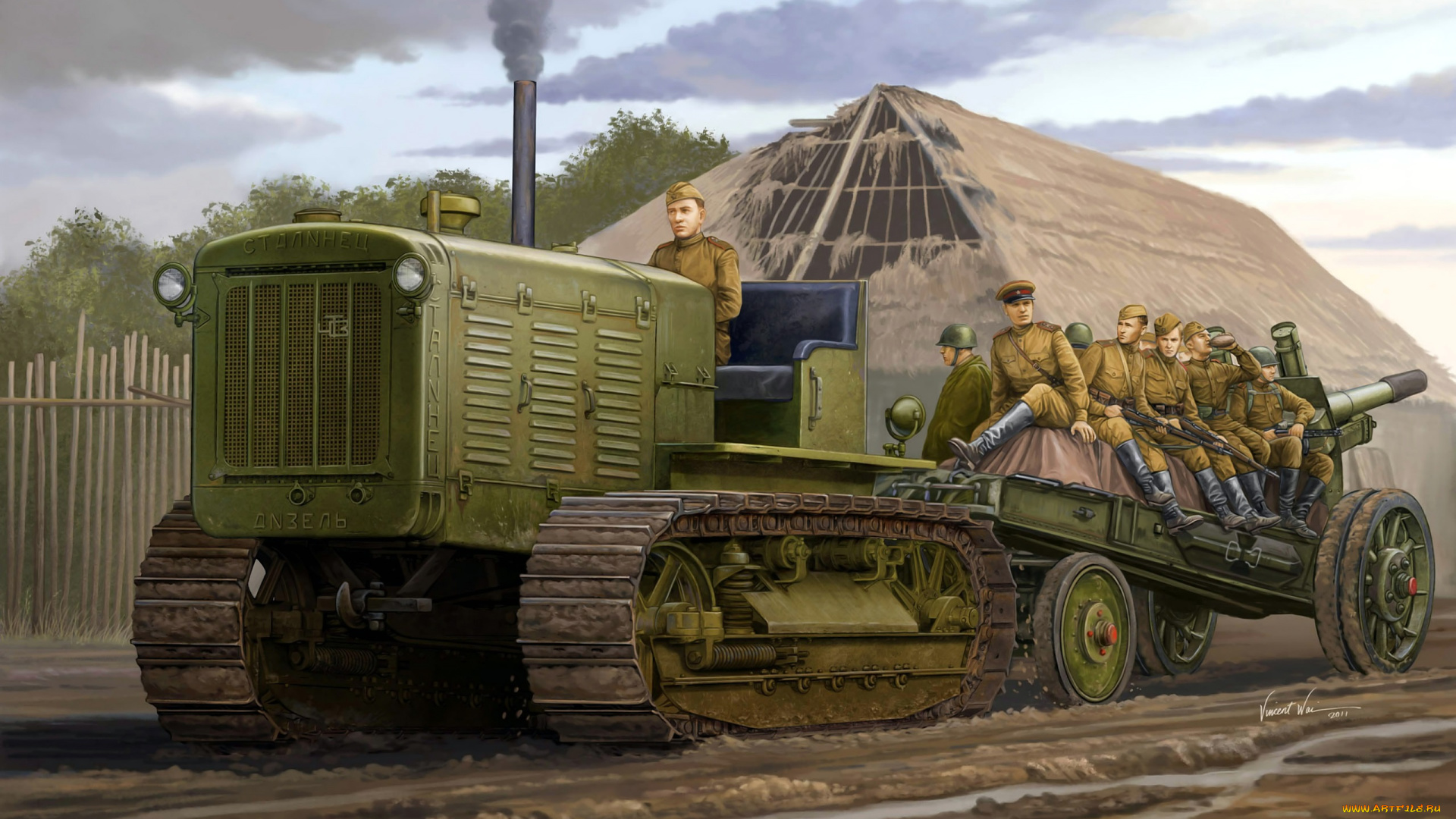 рисованные, армия, трактор, солдаты, пушка