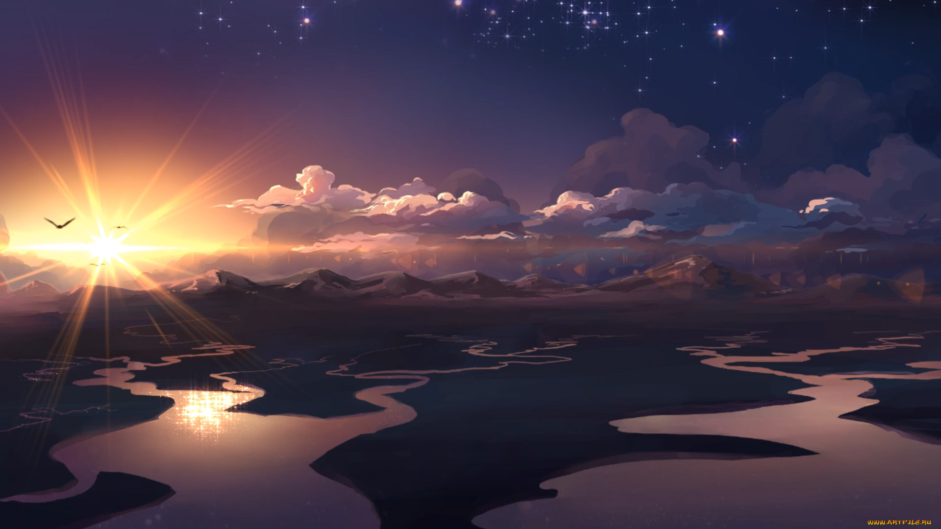 рисованные, природа, горы, реки, облака, восход, птицы