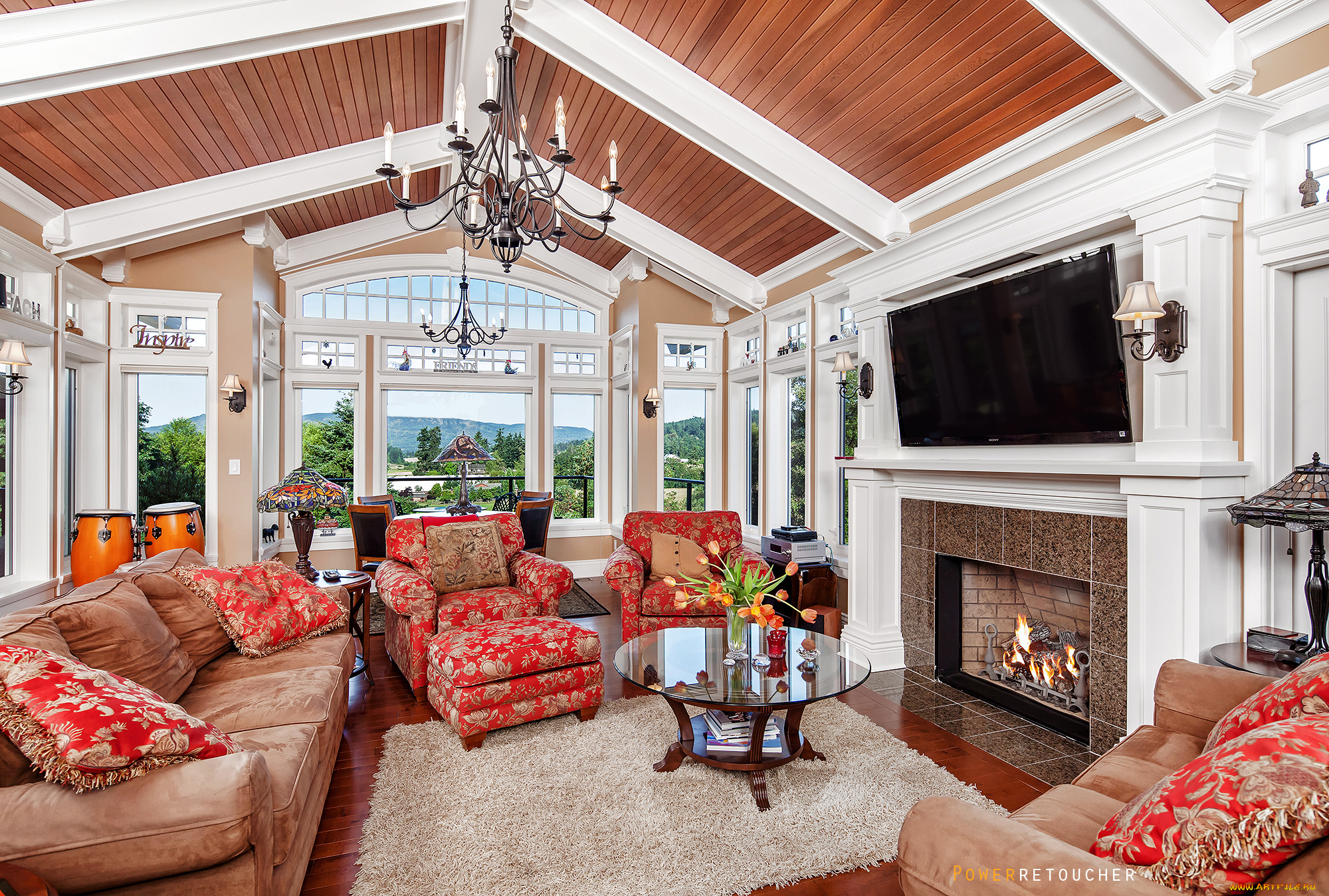 интерьер, гостиная, камин, диваны