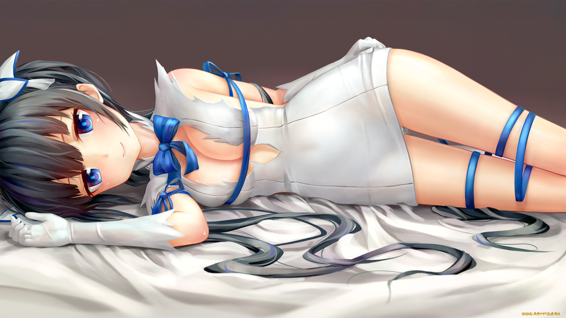 аниме, danmachi, арт, aki99, hestia, лежит, фон, девушка