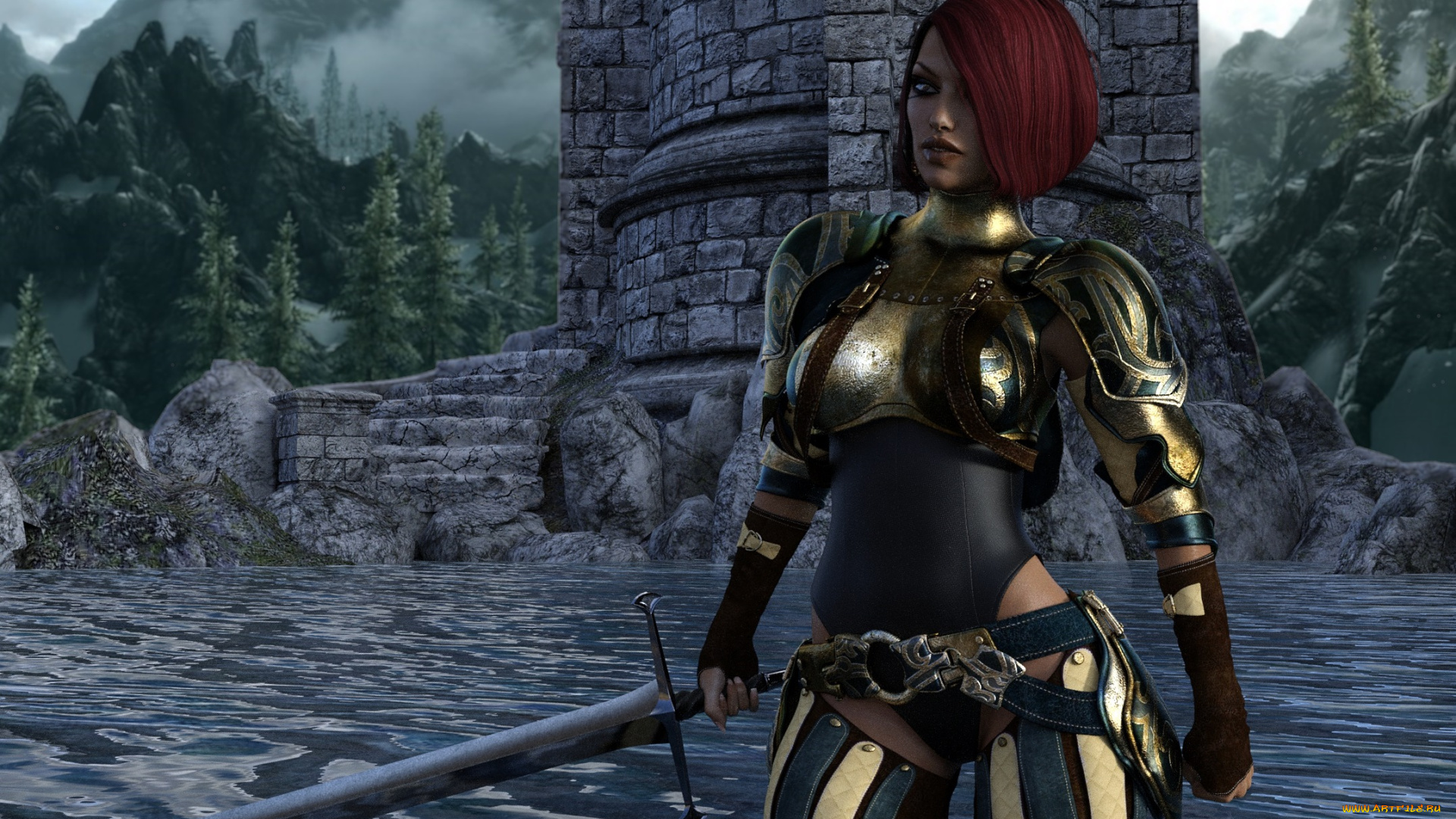 3д, графика, амазонки, , amazon, девушка, взгляд, оружие, фон