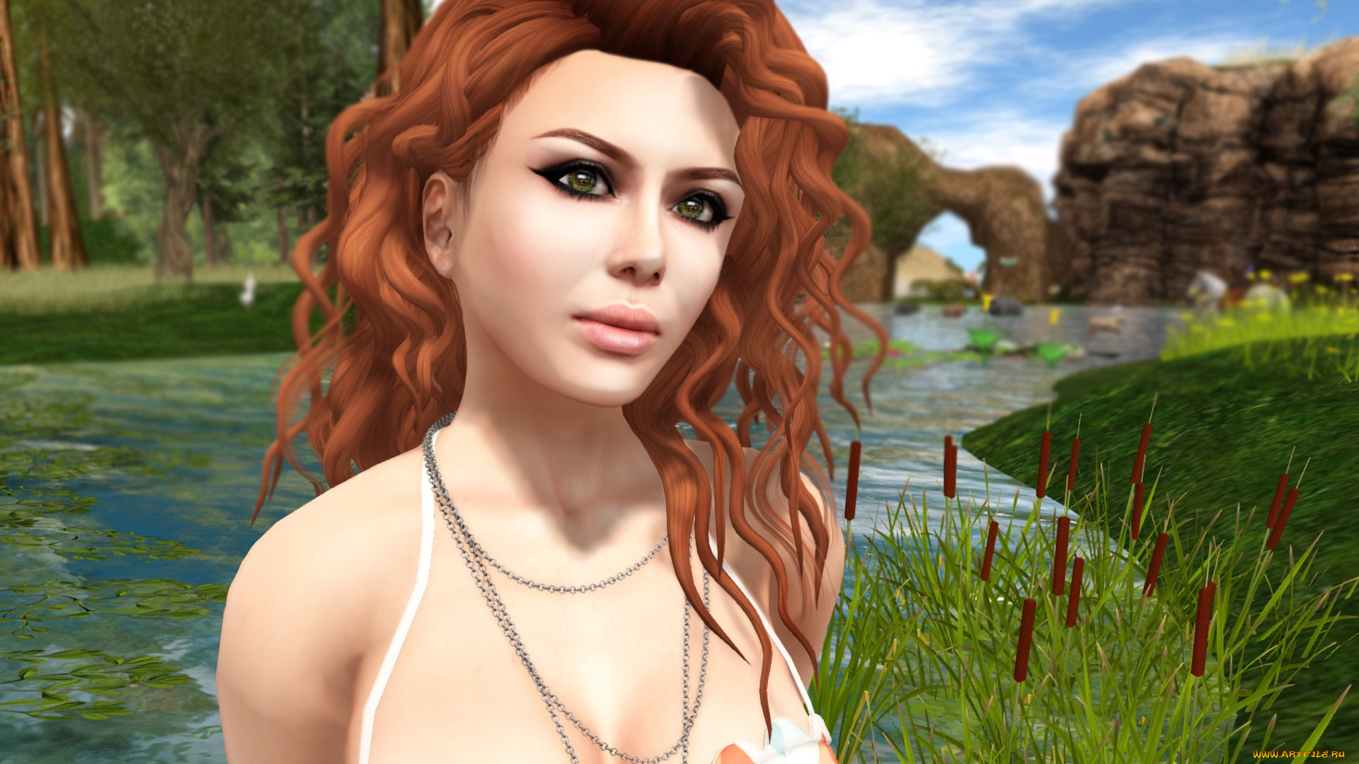 3д, графика, люди, , people, девушка, рыжая, фон, взгляд