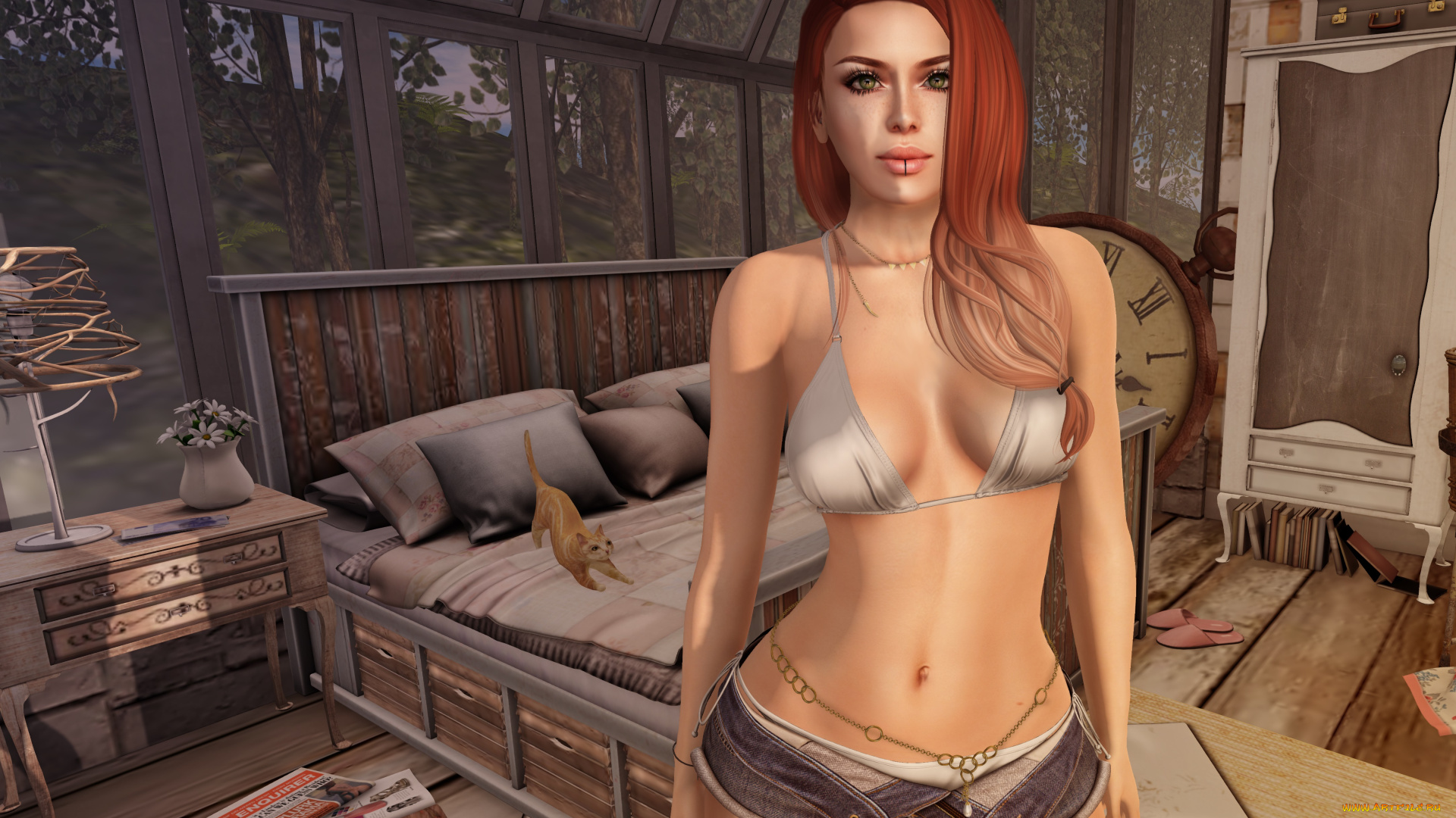 3д, графика, люди, , people, девушка, взгляд, фон, рыжая, интерьер