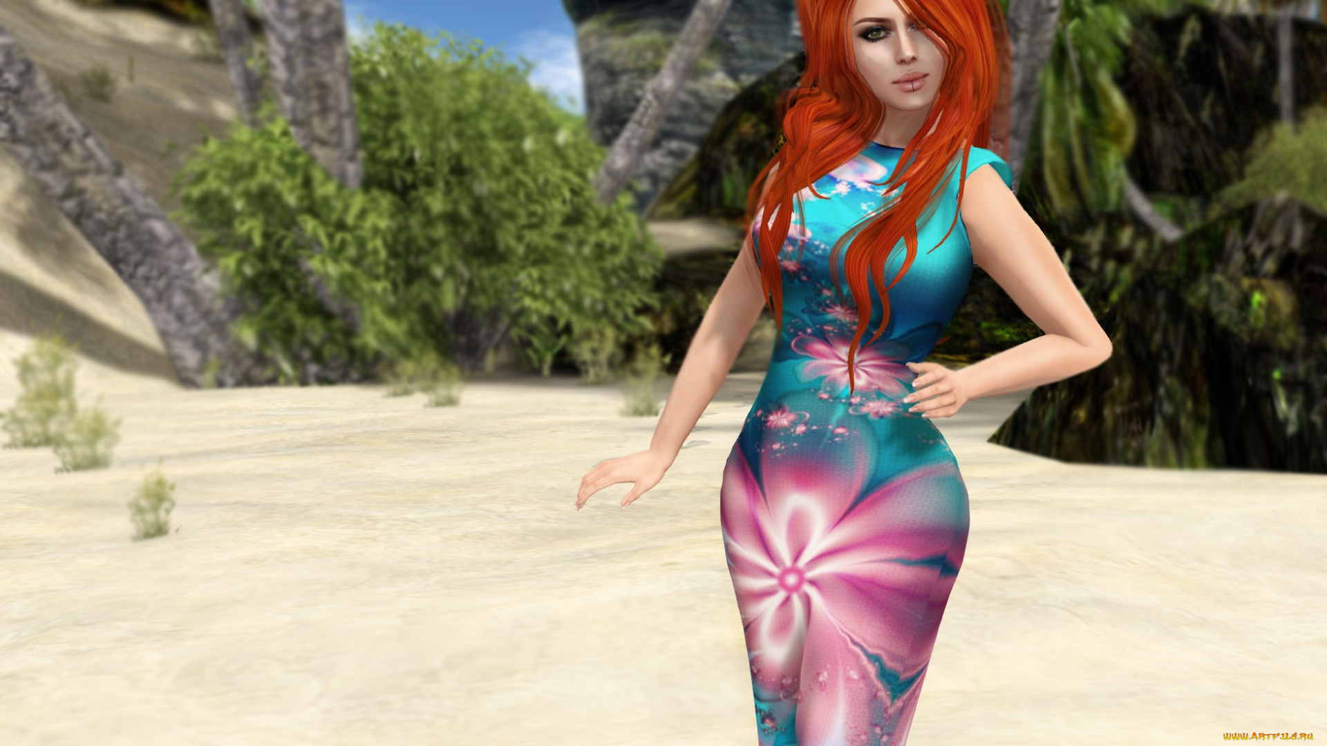 3д, графика, люди, , people, фон, рыжая, взгляд, девушка