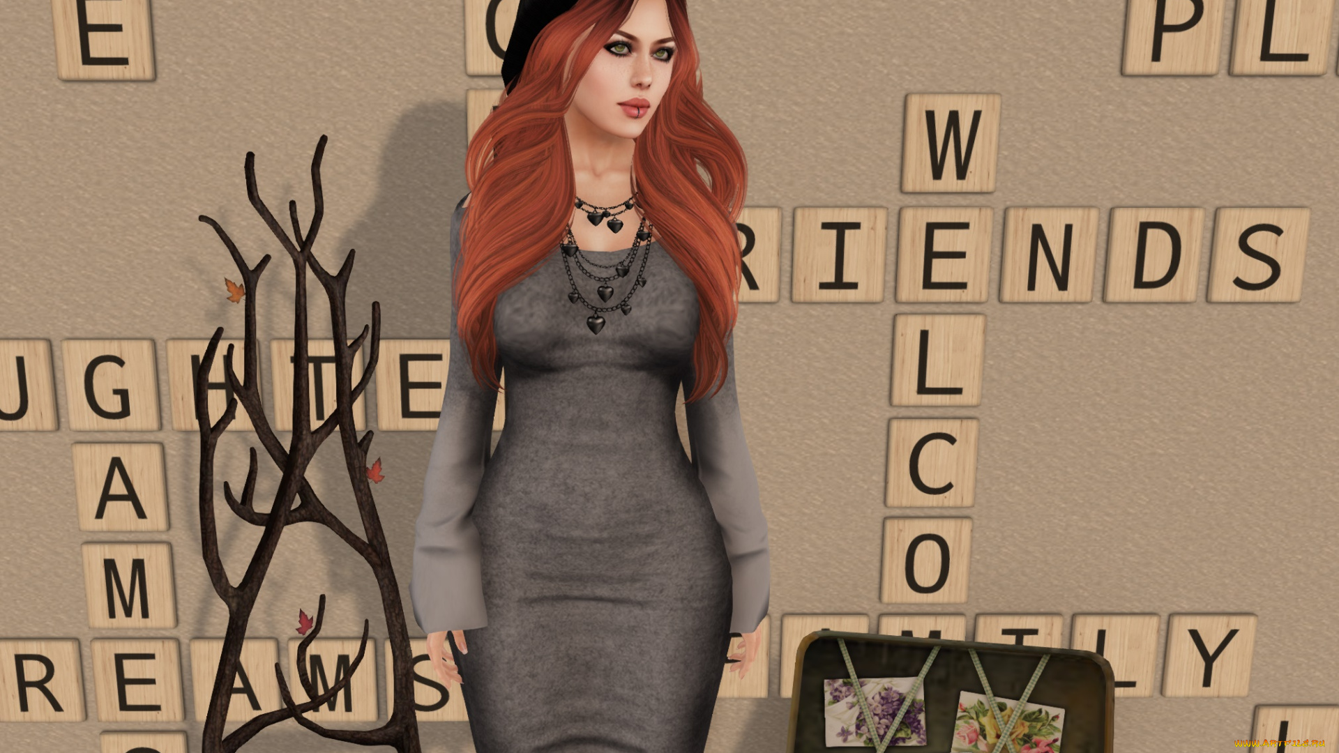 3д, графика, люди, , people, фон, взгляд, рыжая, девушка