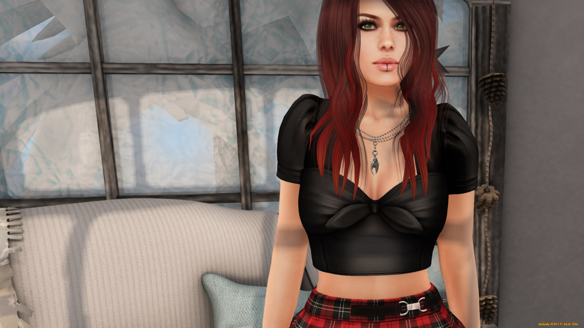 3д, графика, люди, , people, интерьер, рыжая, фон, девушка, взгляд