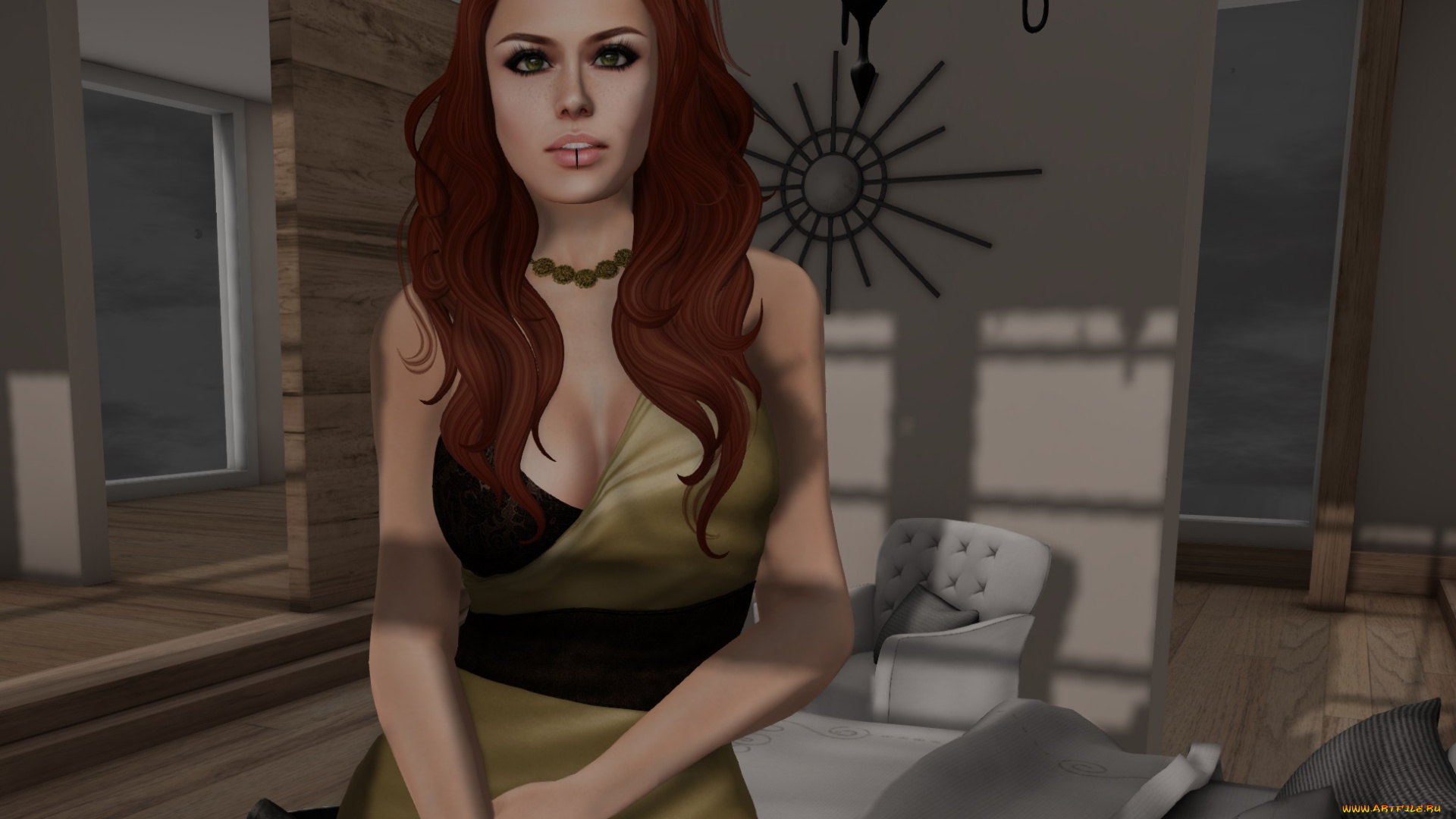 3д, графика, люди, , people, интерьер, рыжая, фон, взгляд, девушка