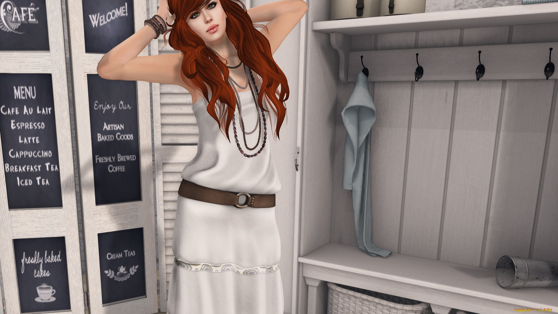 3д, графика, люди, , people, рыжая, фон, взгляд, девушка, интерьер