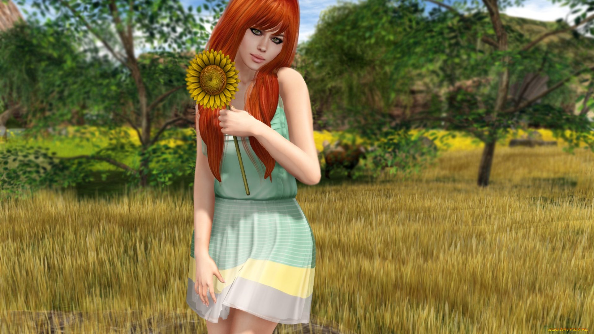 3д, графика, люди, , people, рыжая, взгляд, фон, девушка