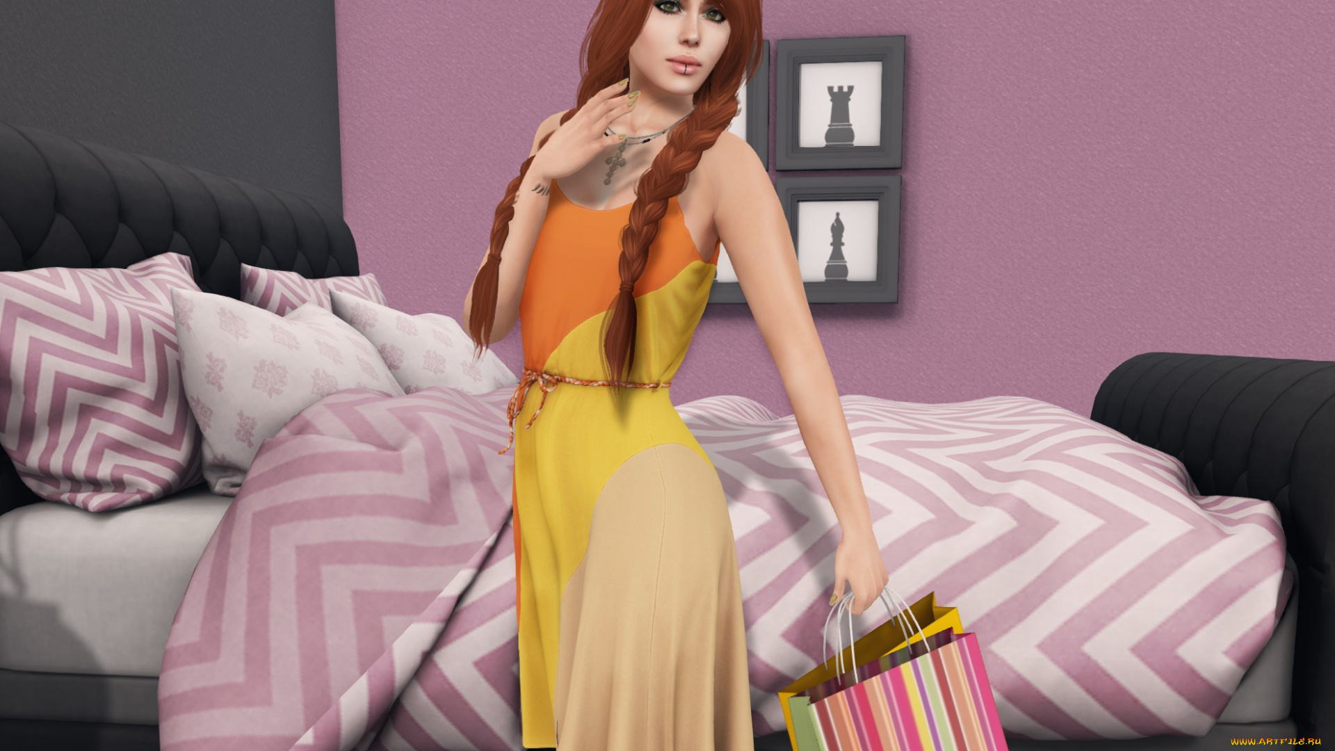 3д, графика, люди, , people, сумки, интерьер, фон, взгляд, девушка