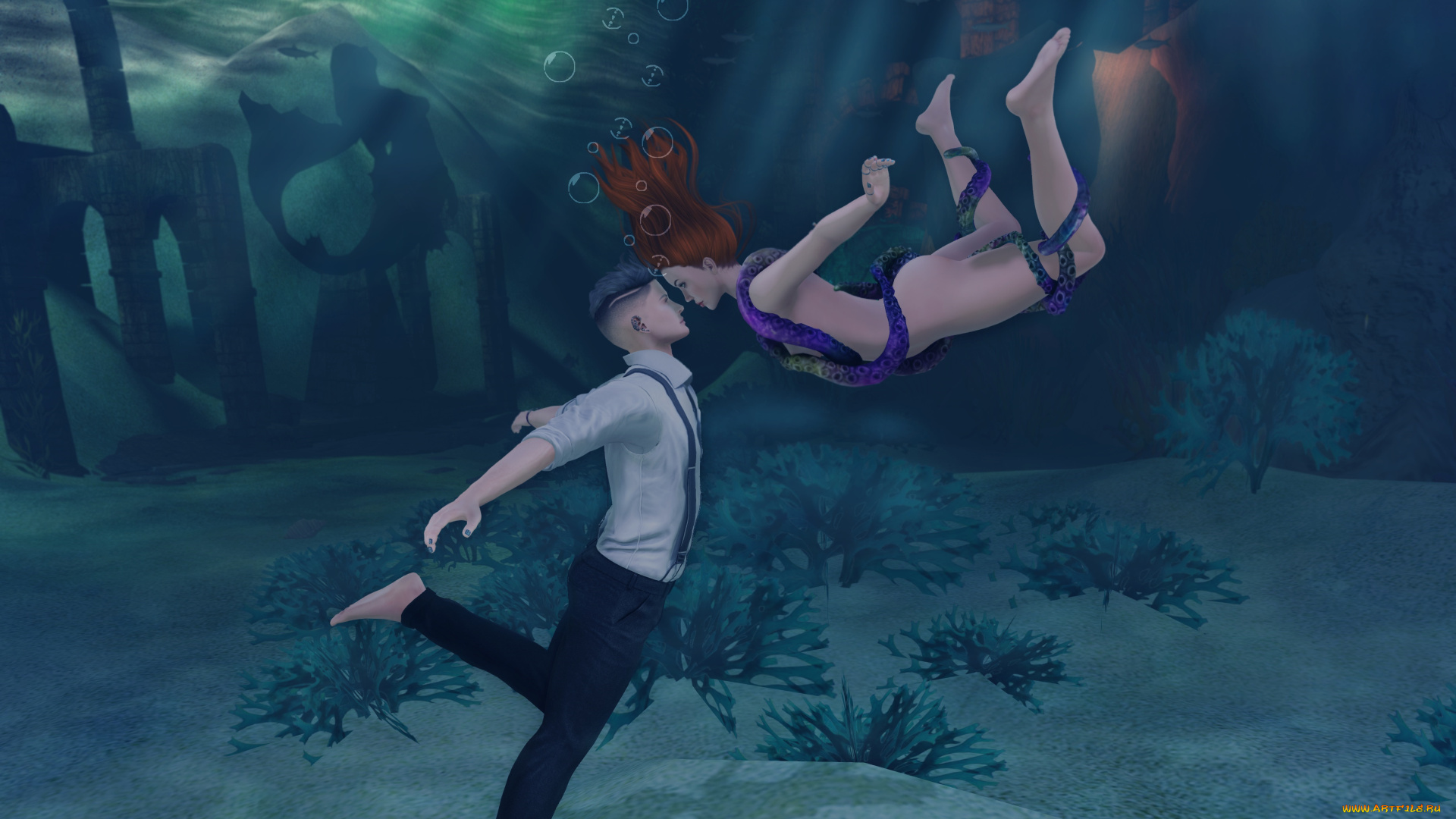 3д, графика, романтика, , romantics, девушка, взгляд, фон, парень, море, поцелуй