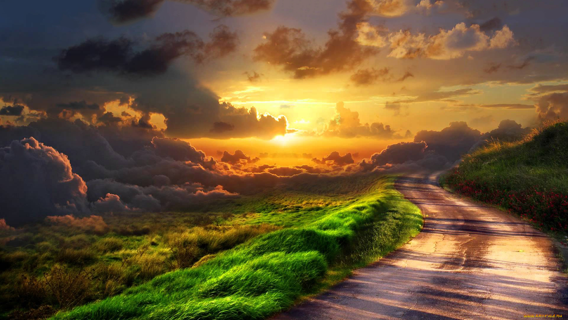 природа, дороги, солнце, тучи, закат, облака, дорога