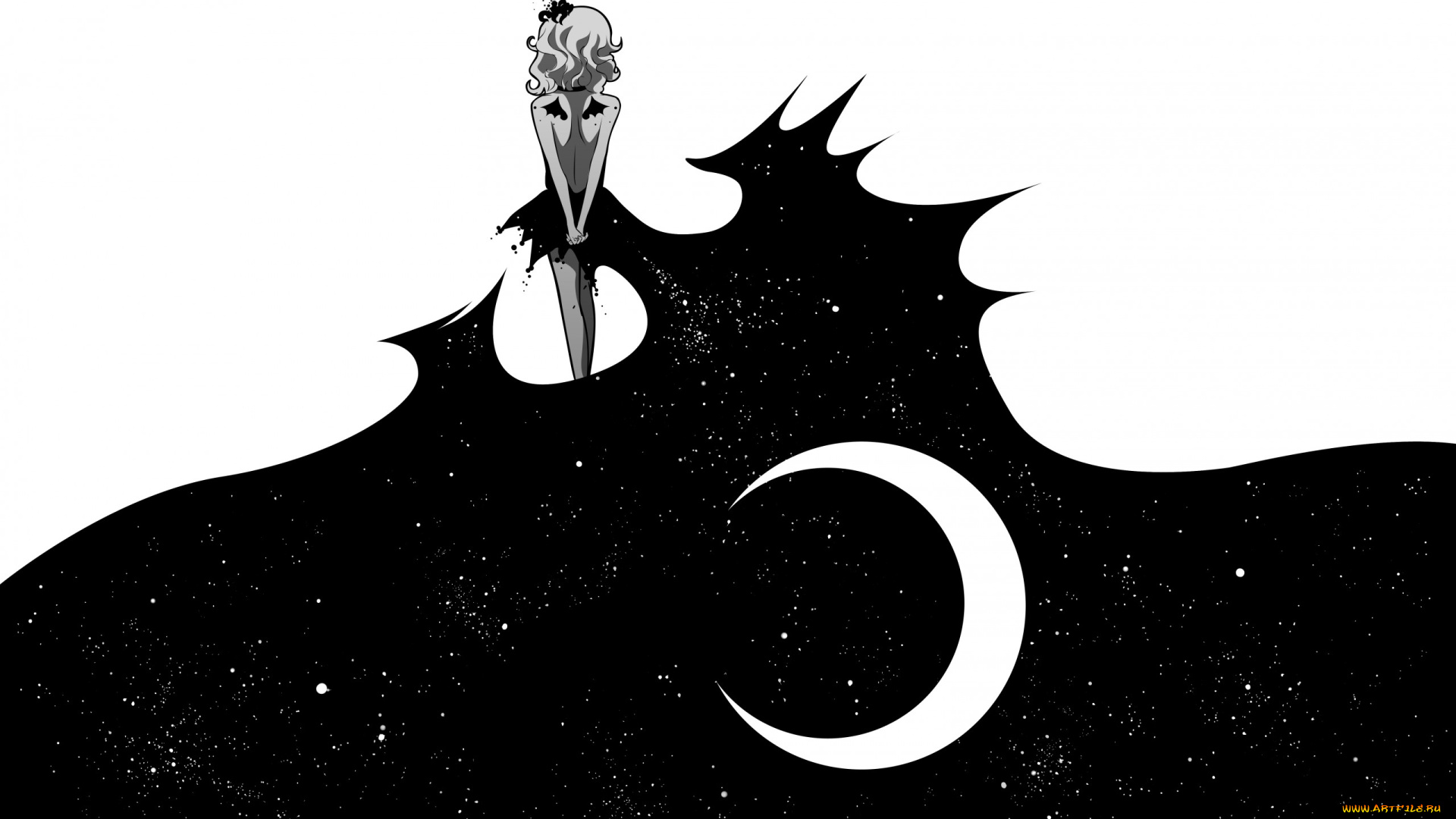 рисованное, минимализм, девушка, луна, звезды