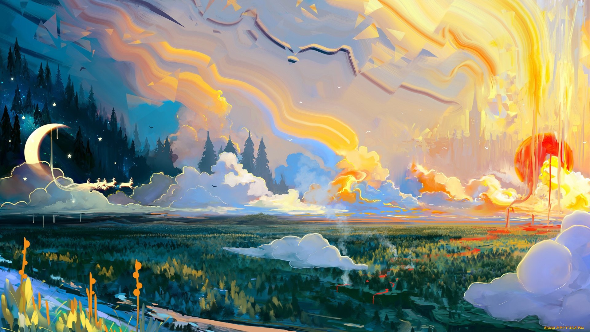 рисованное, природа, живопись, пейзаж, луна, ночь, звезды, олени, птицы, солнце, день, трава, облака