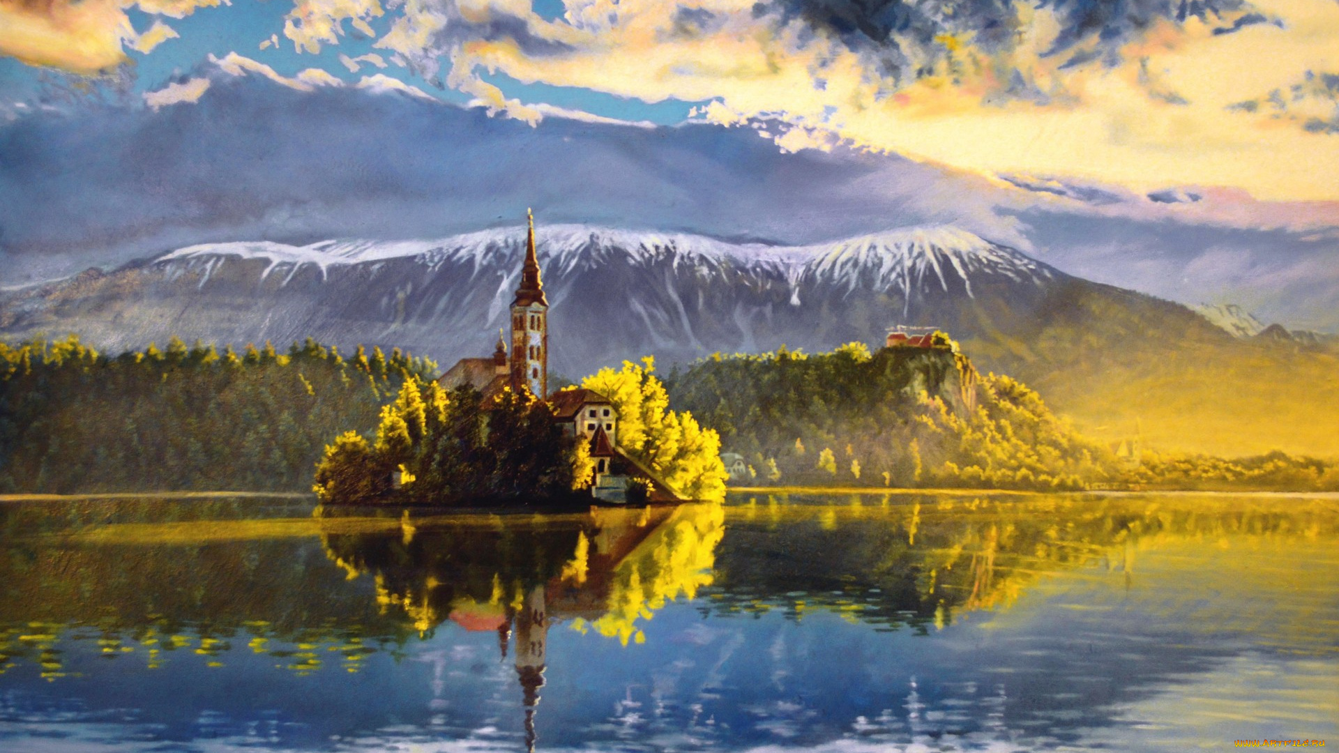 рисованное, природа, живопись, пейзаж, вода, отражение, горы, деревья, облака, небо