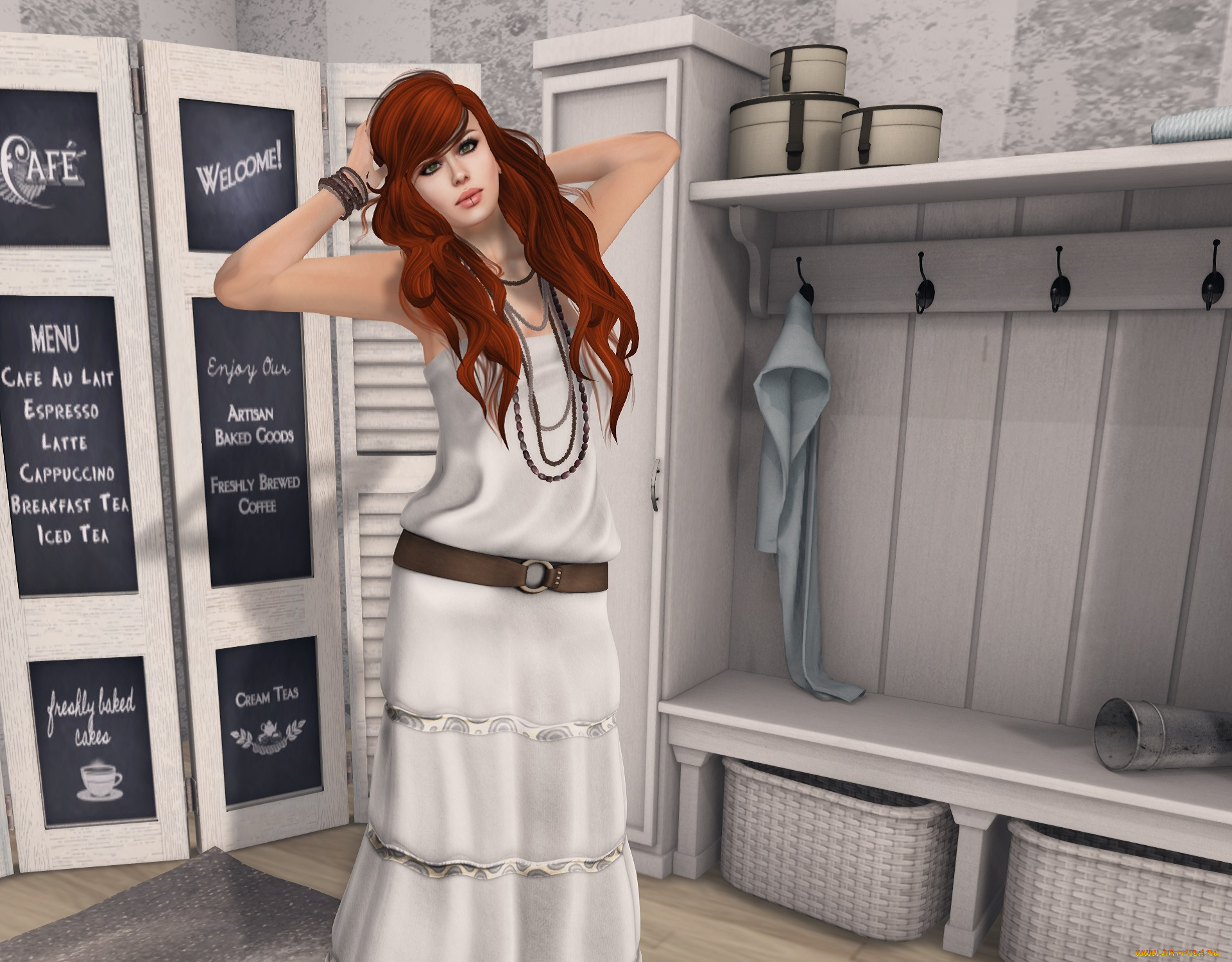 3д, графика, люди, , people, рыжая, фон, взгляд, девушка, интерьер