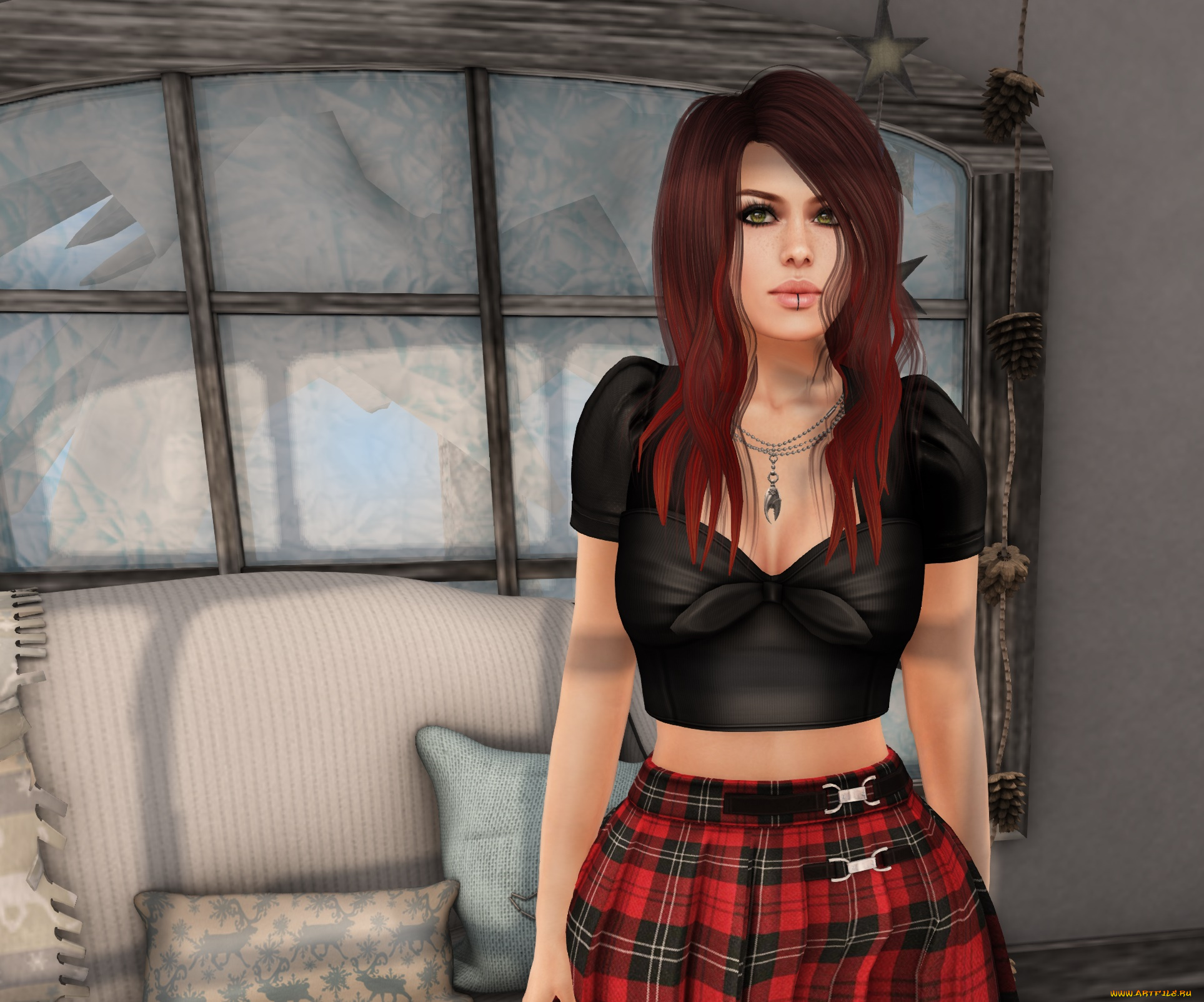 3д, графика, люди, , people, интерьер, рыжая, фон, девушка, взгляд
