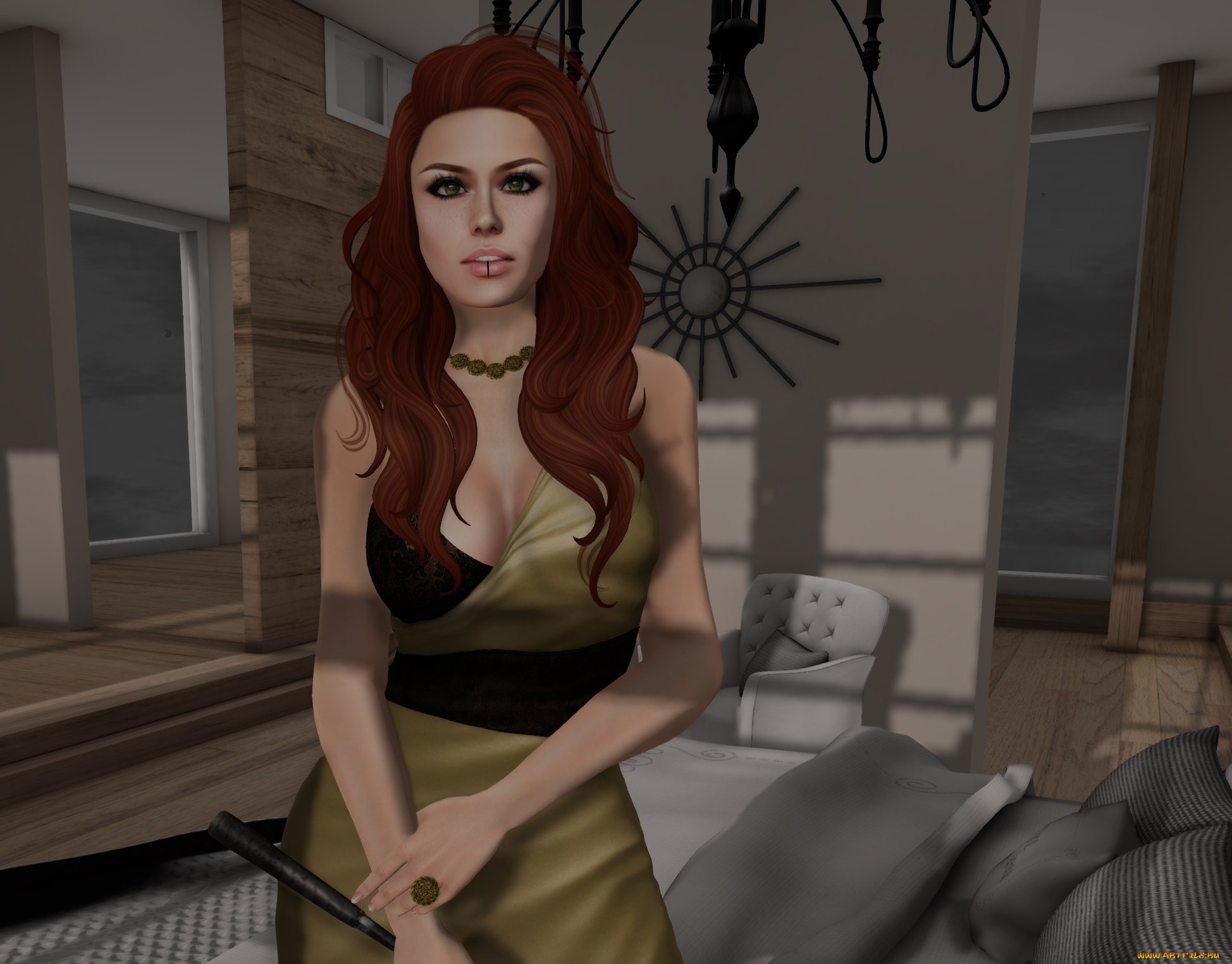 3д, графика, люди, , people, интерьер, рыжая, фон, взгляд, девушка