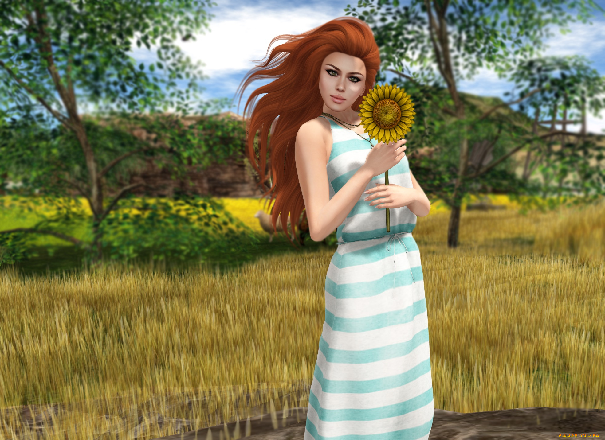 3д, графика, люди, , people, рыжая, фон, взгляд, девушка