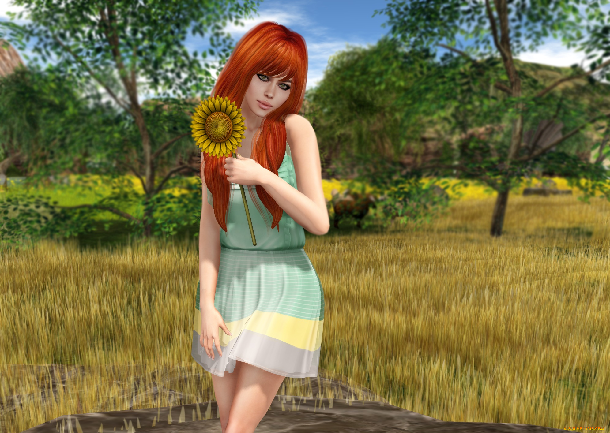 3д, графика, люди, , people, рыжая, взгляд, фон, девушка