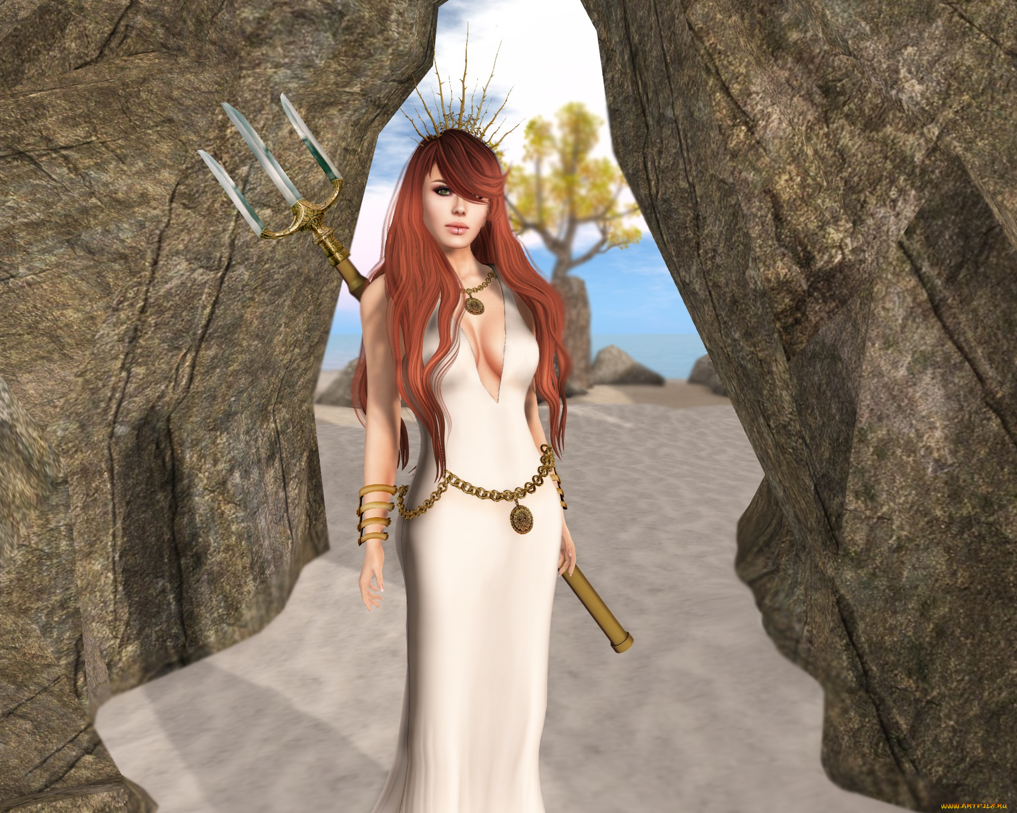 3д, графика, фантазия, , fantasy, девушка, рыжая, фон, взгляд
