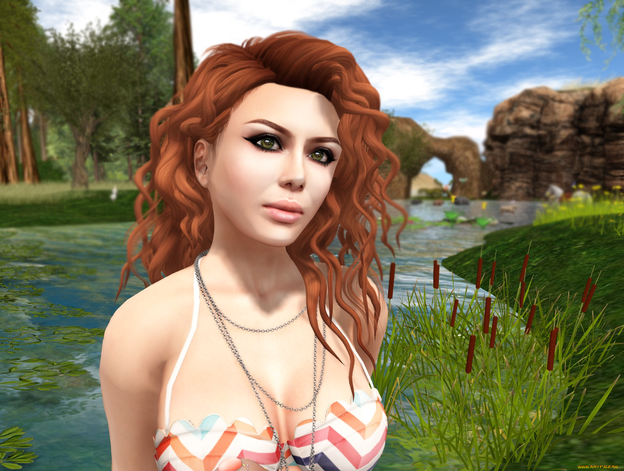 3д, графика, люди, , people, девушка, рыжая, фон, взгляд