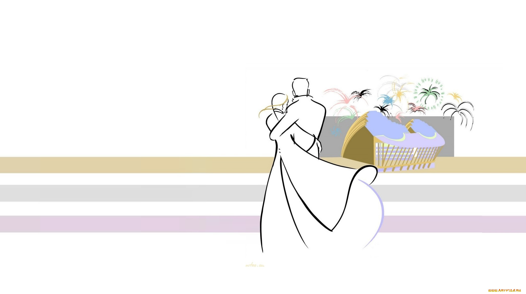 рисованное, минимализм, салют, арт, двое, пара