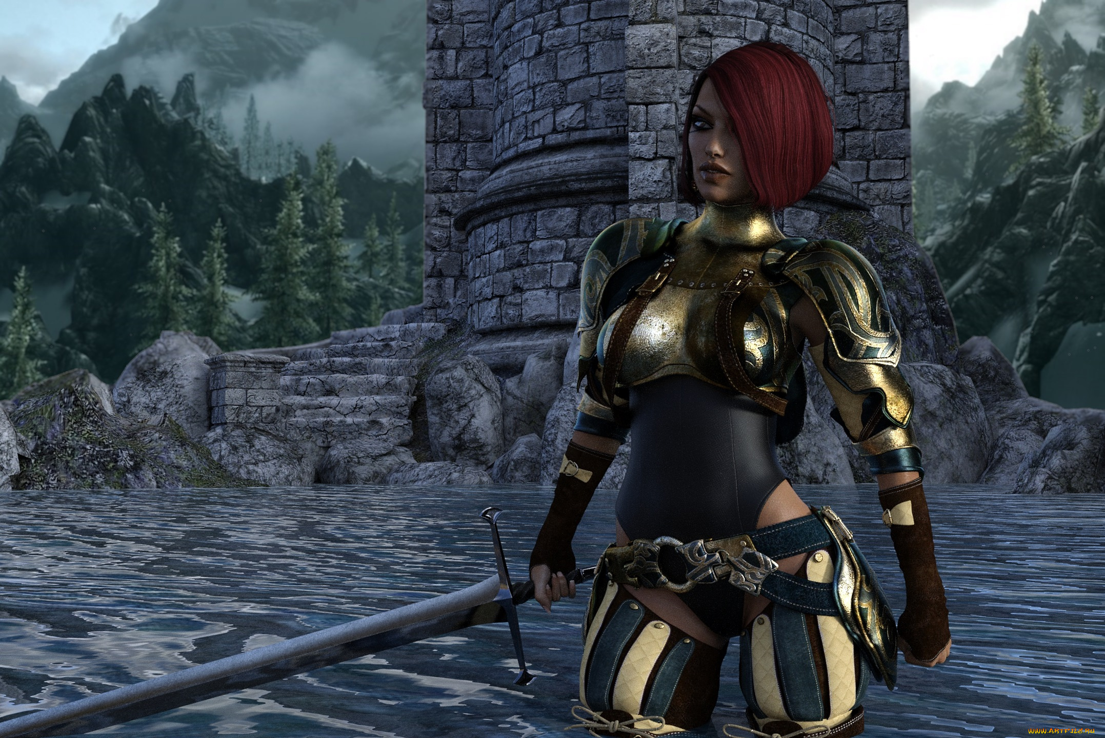 3д, графика, амазонки, , amazon, девушка, взгляд, оружие, фон