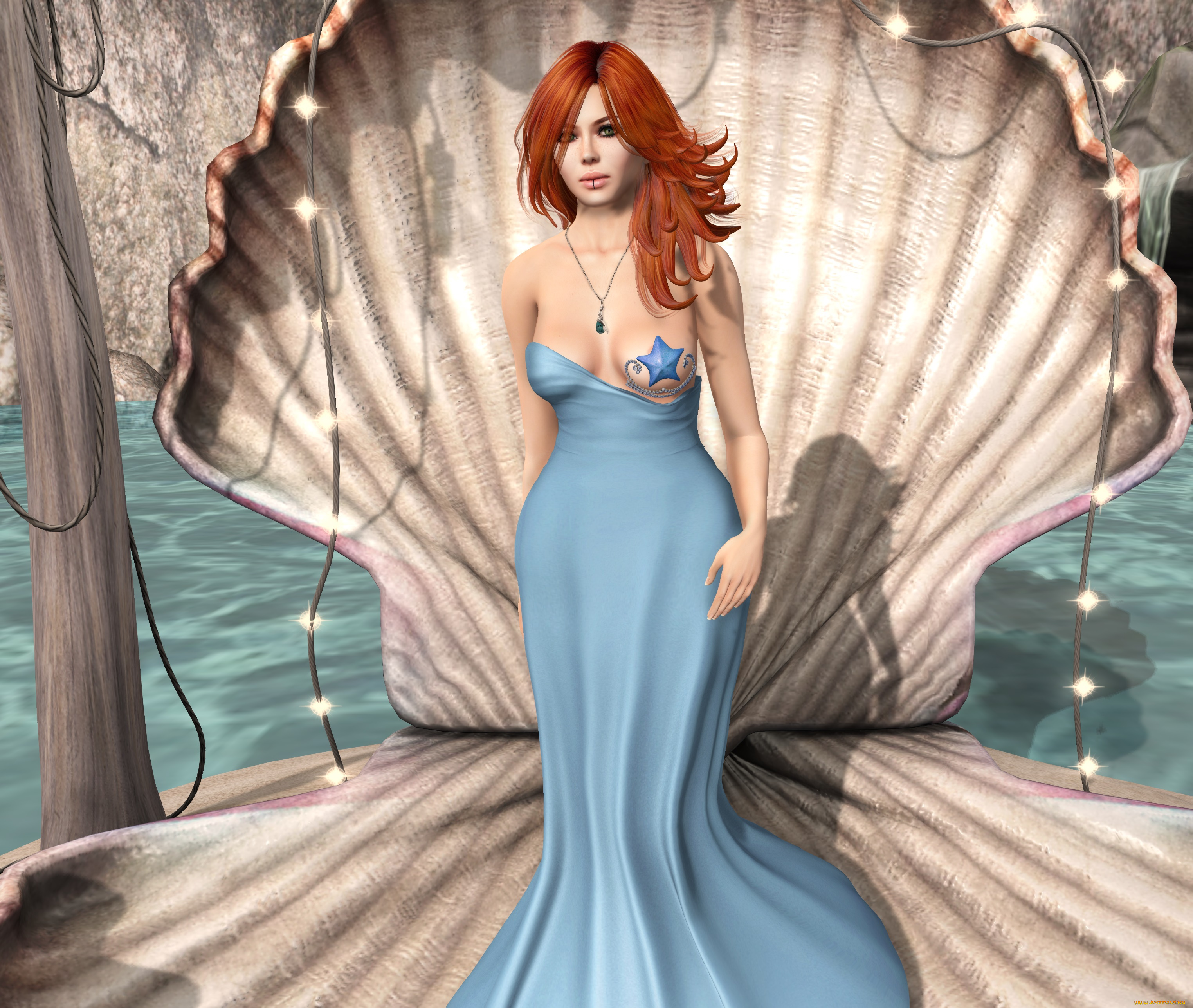 3д, графика, люди, , people, ракушка, фон, взгляд, девушка