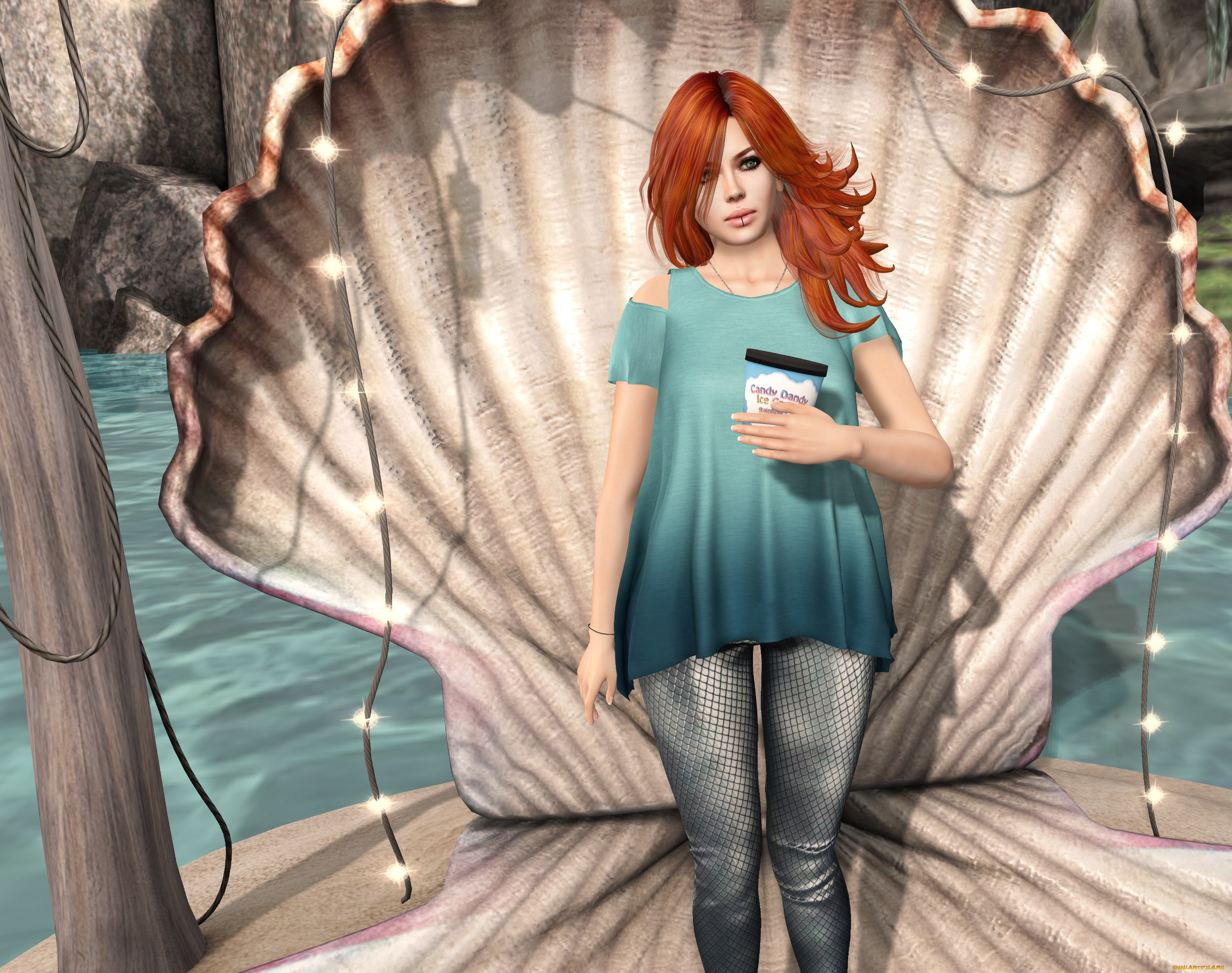 3д, графика, люди, , people, взгляд, ракушка, фон, девушка