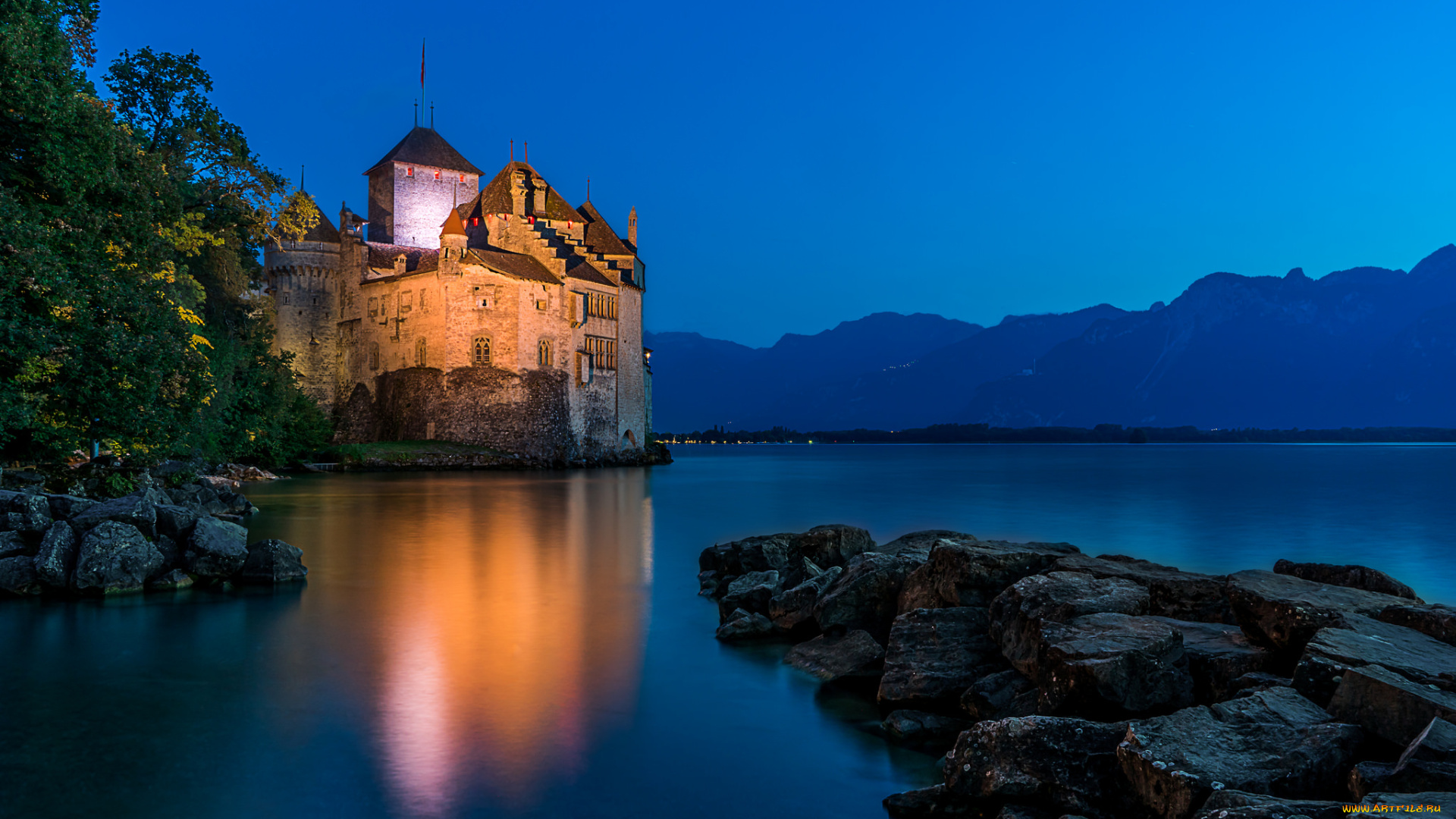 chillon, castle, города, замки, швейцарии, ночь, замок