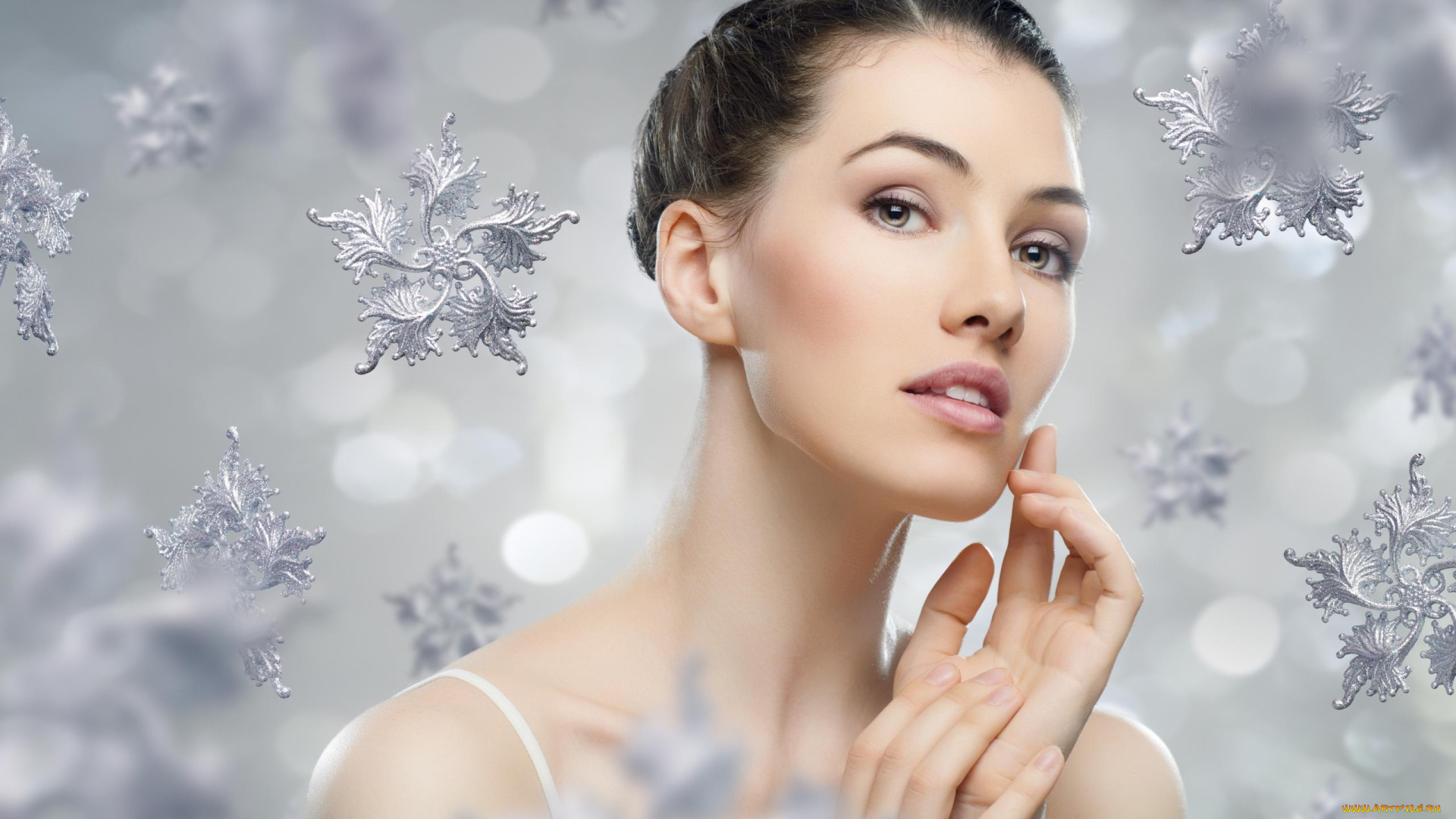 девушки, -unsort, , лица, , портреты, лицо, руки, снежинки