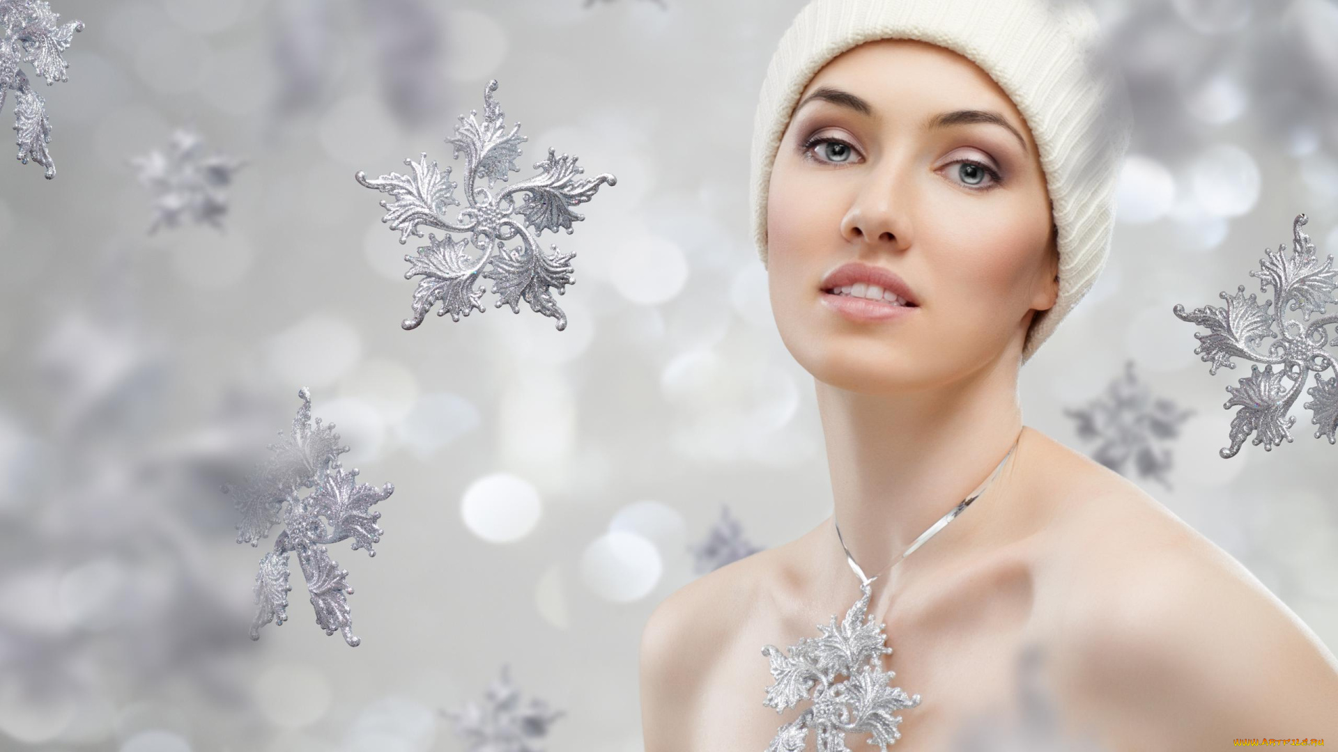 девушки, -unsort, , лица, , портреты, шапка, снежинки, лицо, кулон, украшение