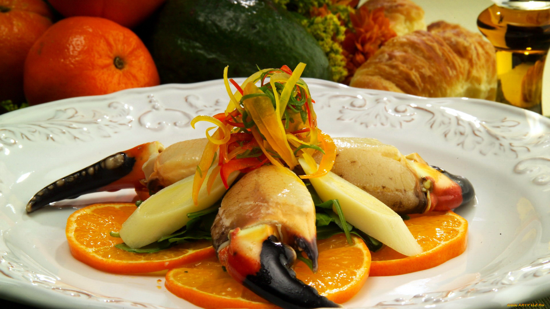 еда, рыбные, блюда, , с, морепродуктами, апельсины, краб