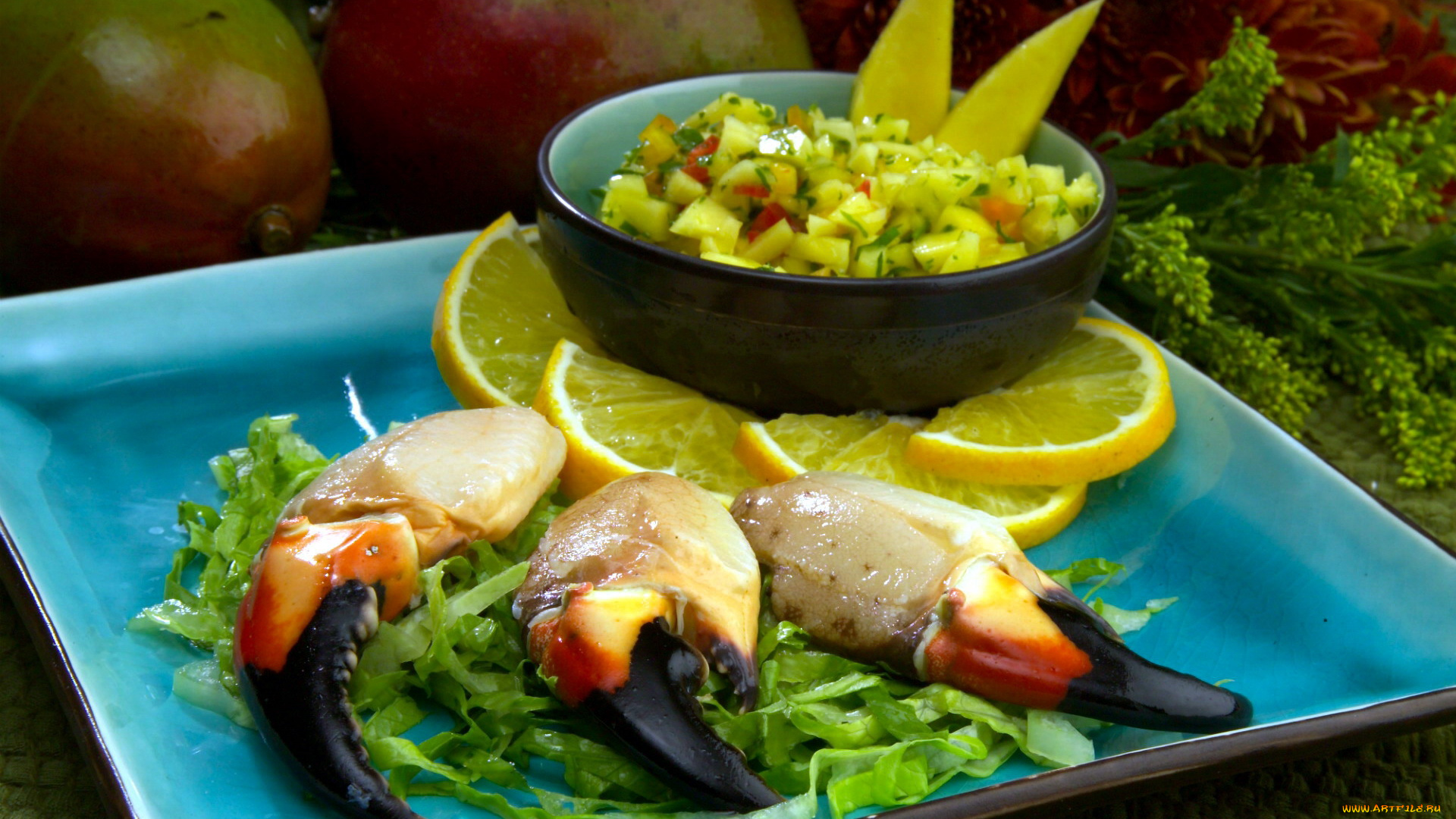 еда, рыбные, блюда, , с, морепродуктами, лимоны, краб