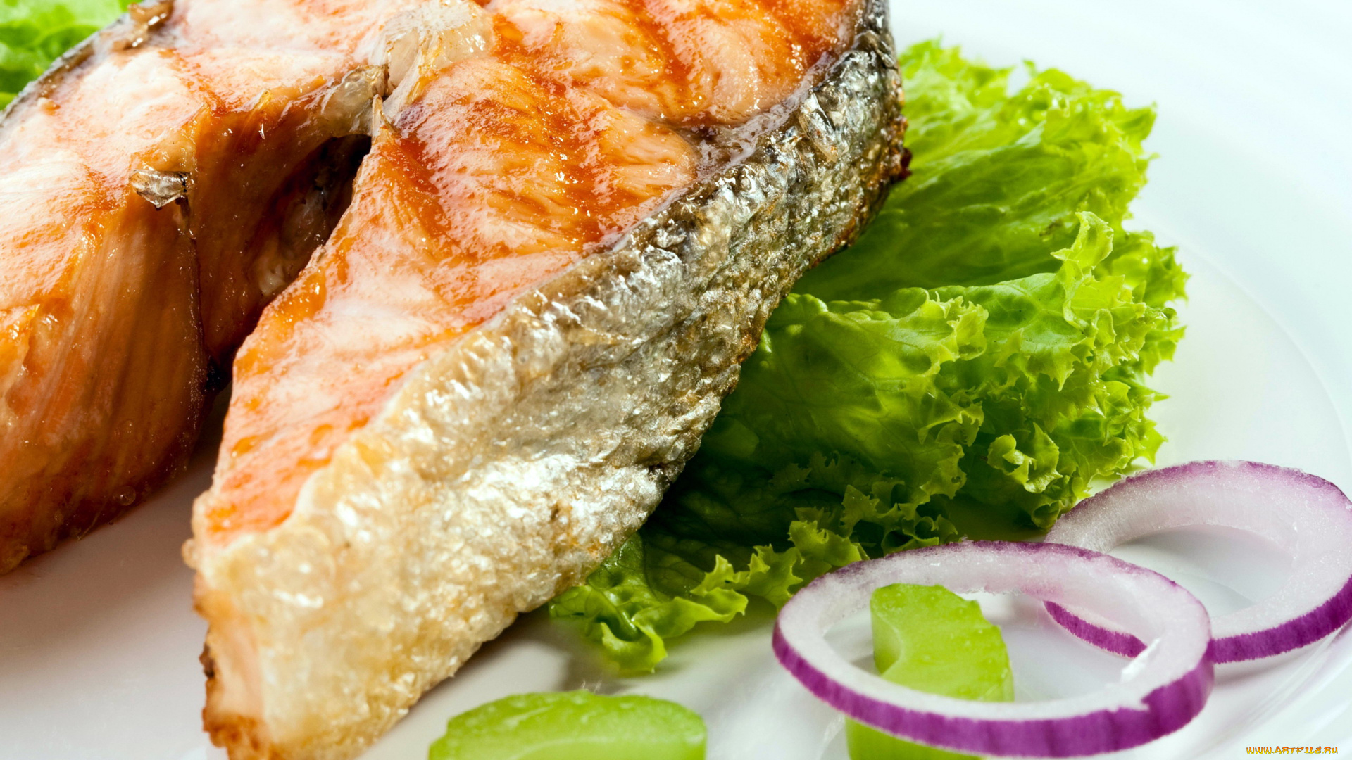 еда, рыбные, блюда, , с, морепродуктами, лук, салат, форель