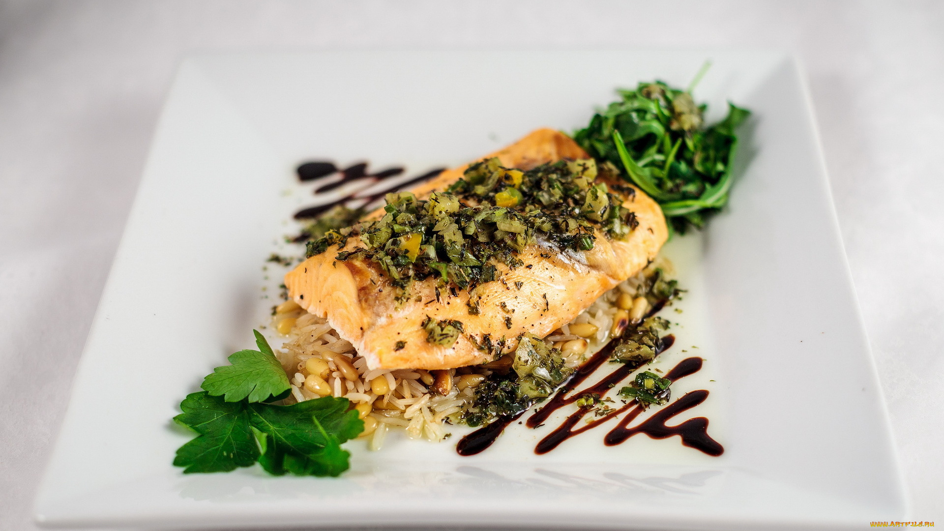 еда, рыбные, блюда, , с, морепродуктами, рыба, зелень, кукуруза, рис