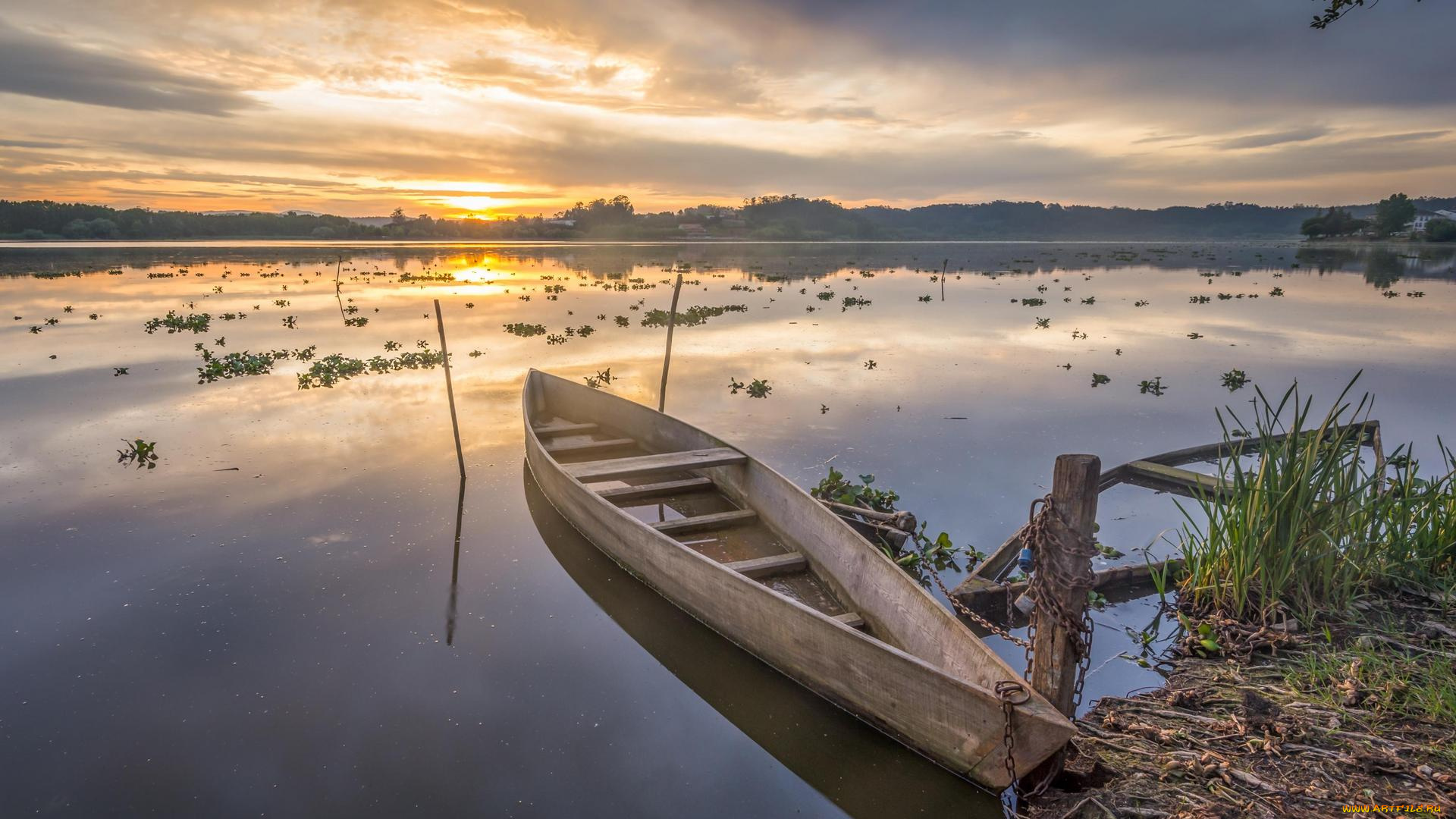 корабли, лодки, , шлюпки, закат, река, лодка, деревья, берег