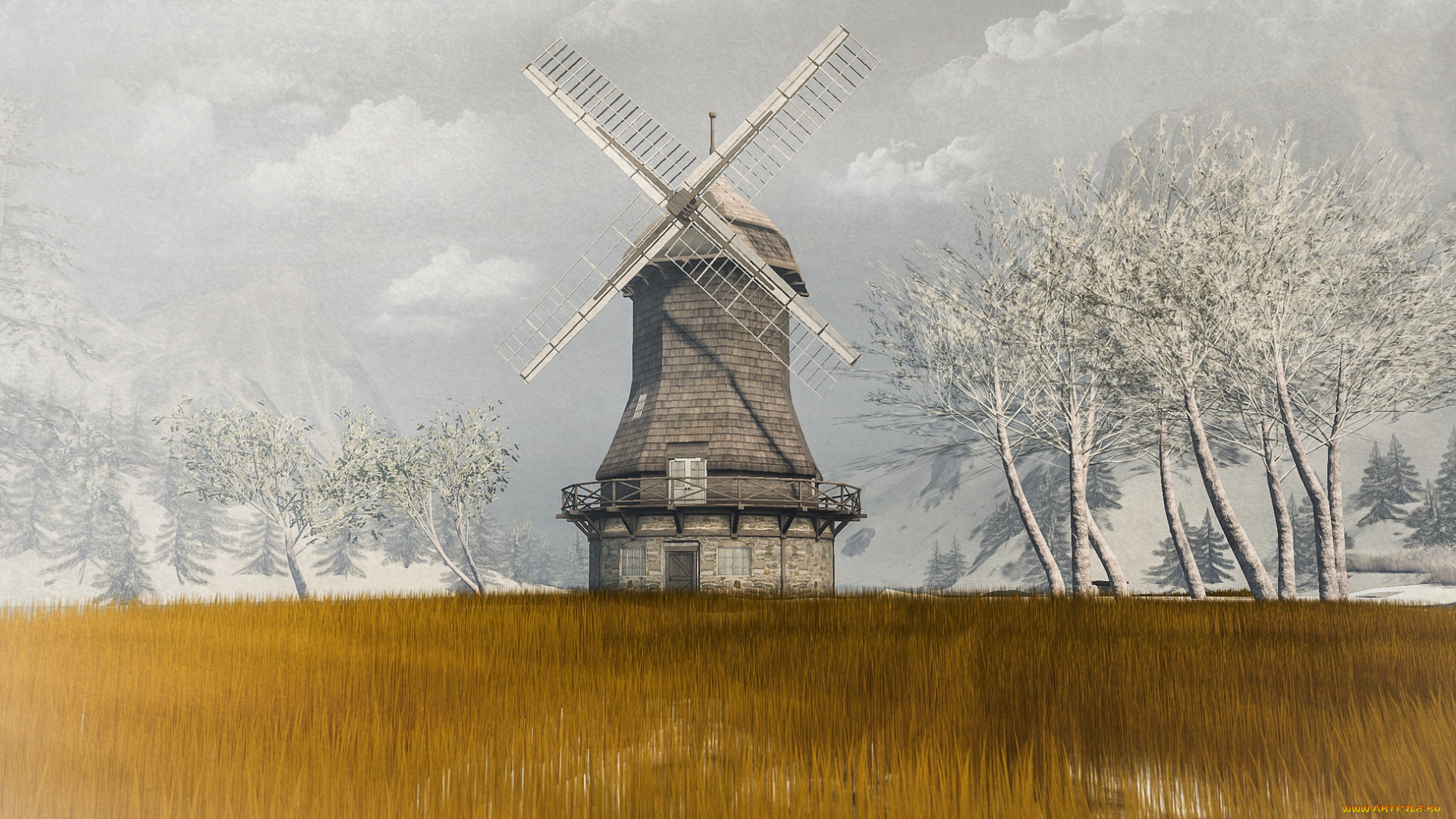 рисованное, -, другое, поле, деревья, ветряк, мельница