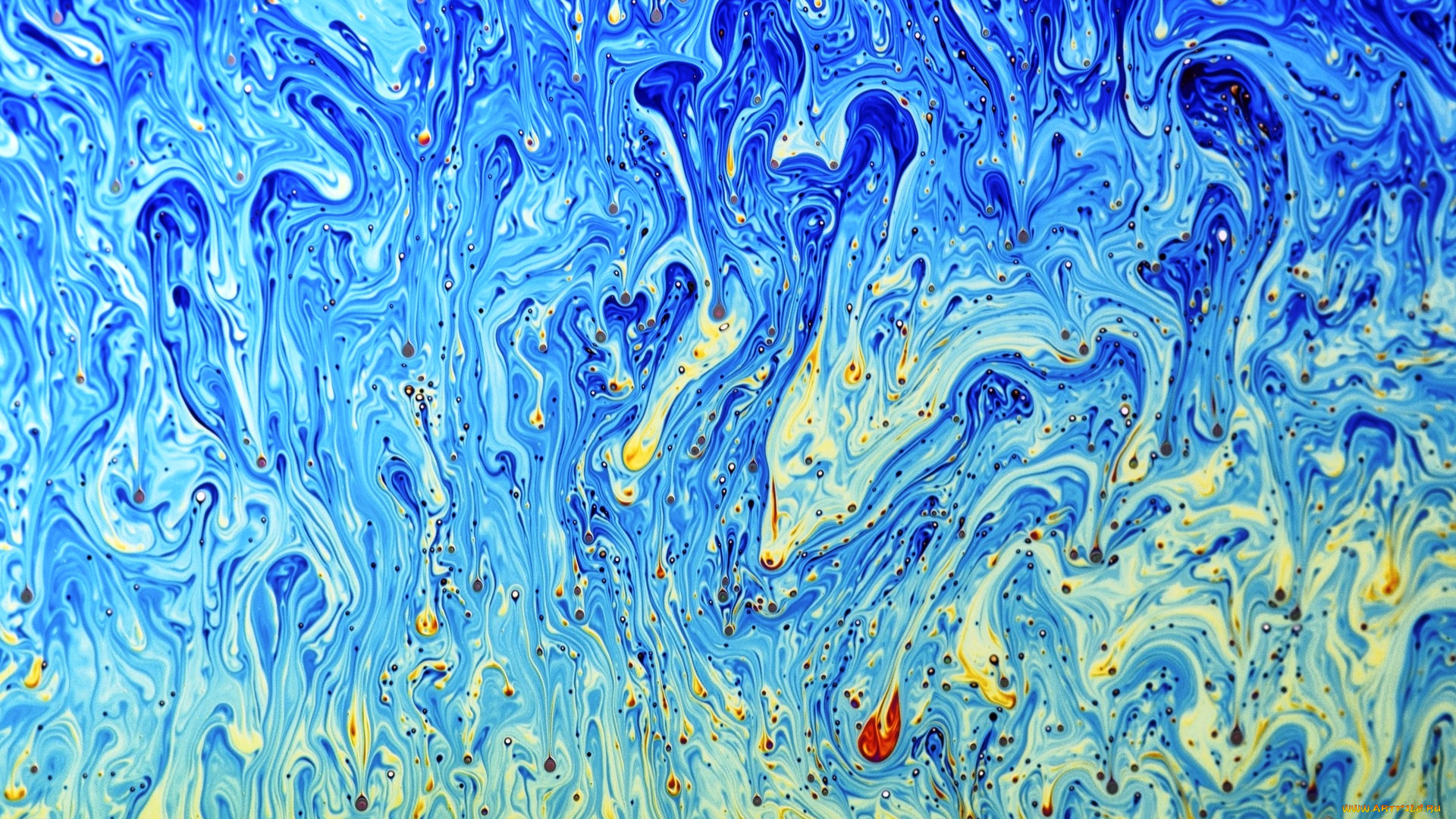 рисованное, абстракция, потеки, краска, синий, вкрапления