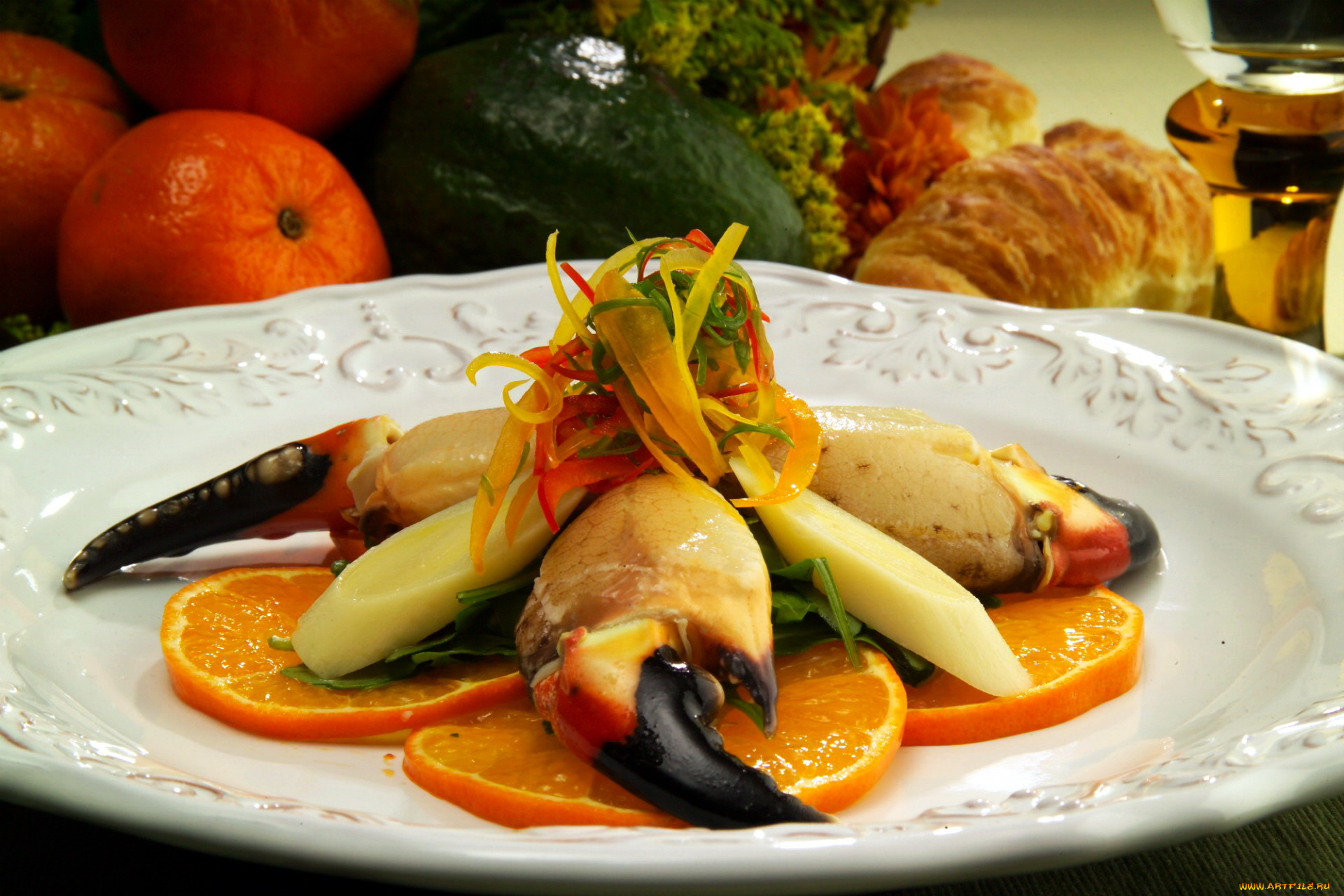 еда, рыбные, блюда, , с, морепродуктами, апельсины, краб