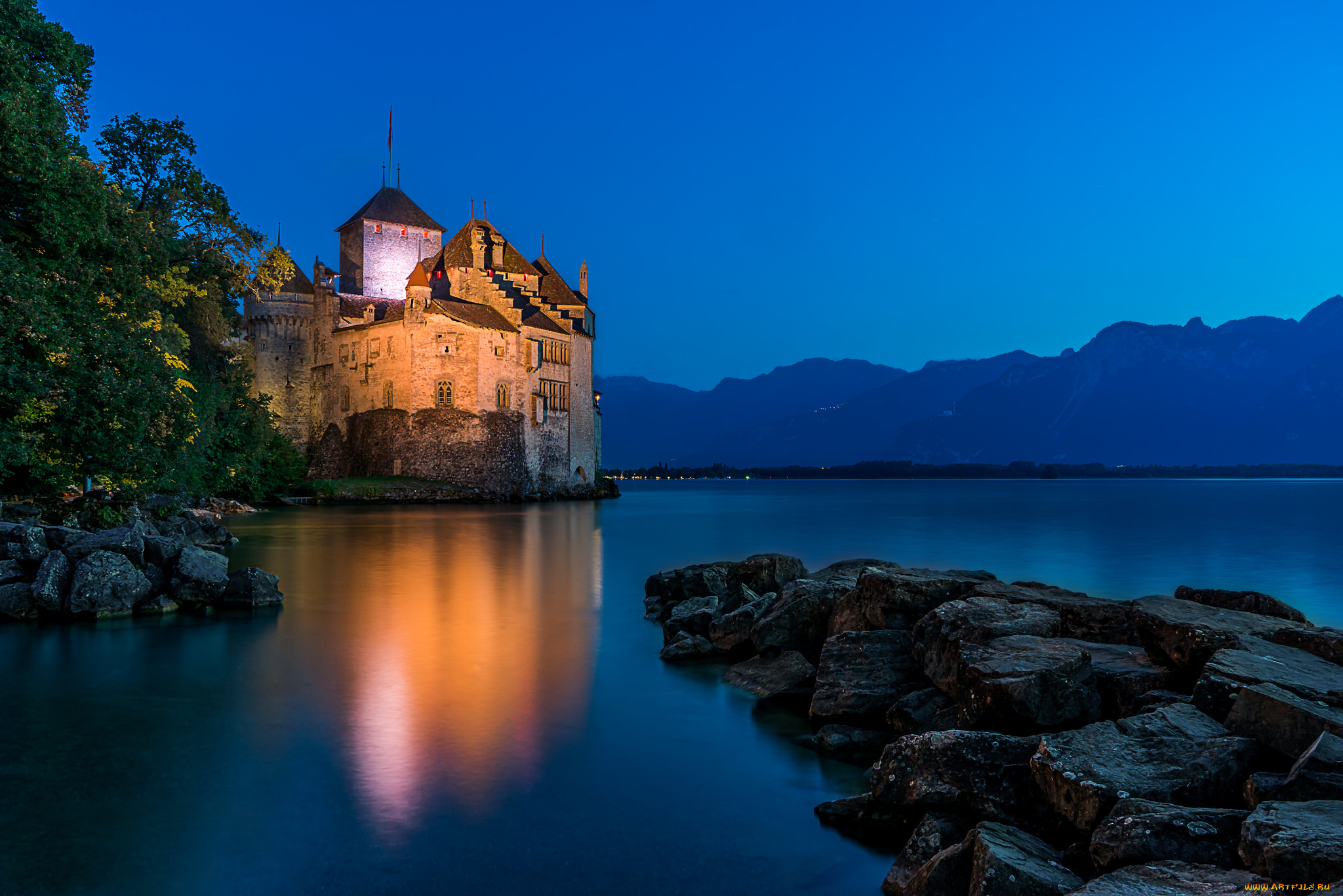 chillon, castle, города, замки, швейцарии, ночь, замок