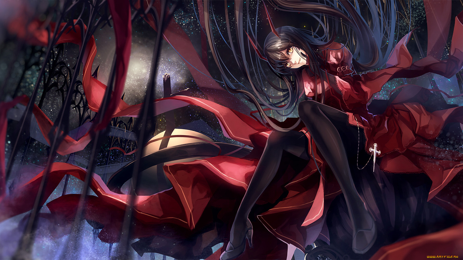 аниме, животные, , существа, красное, платье, девушка