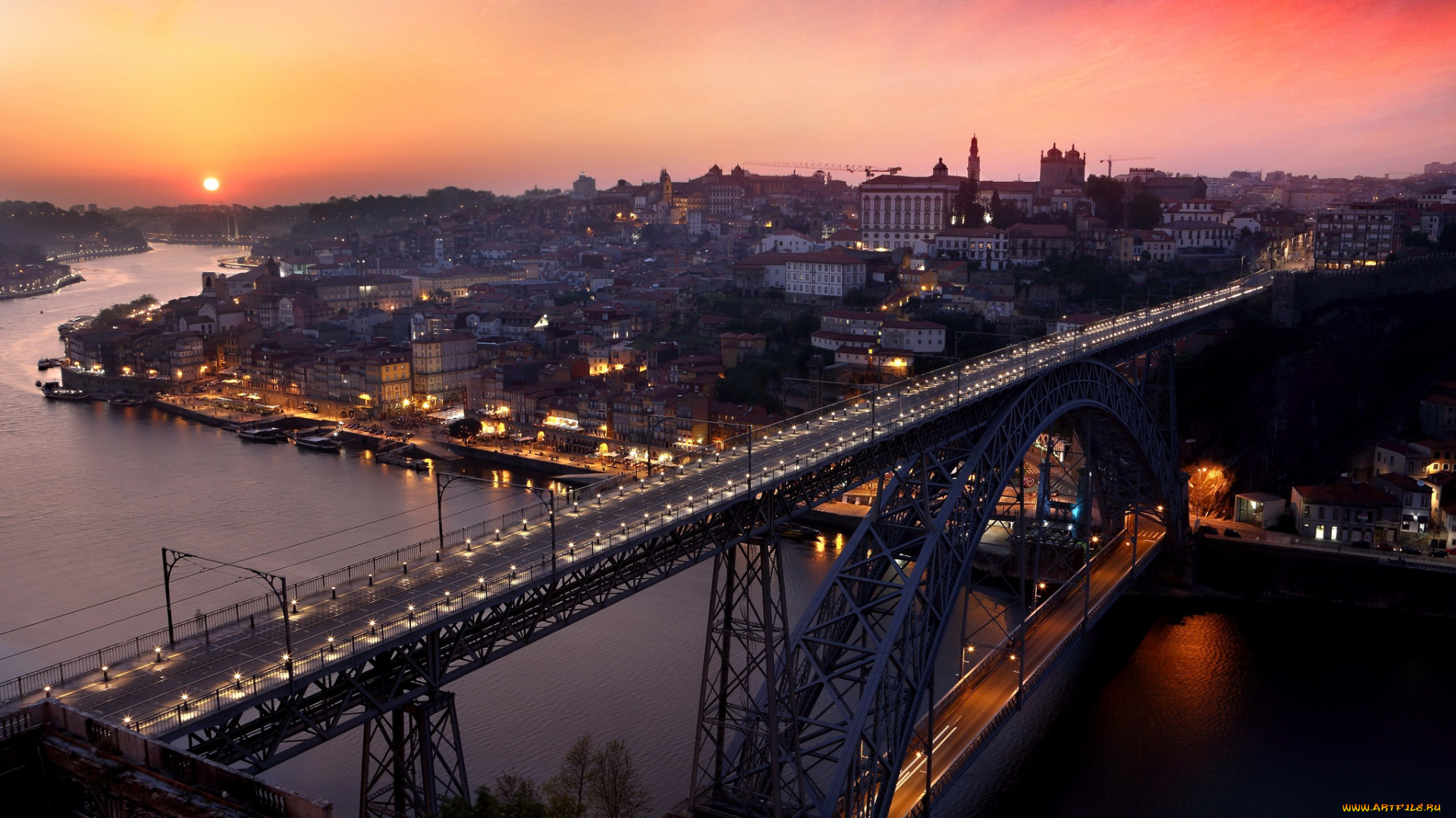города, -, мосты, porto, sunset, ponte, luiz, город, закат