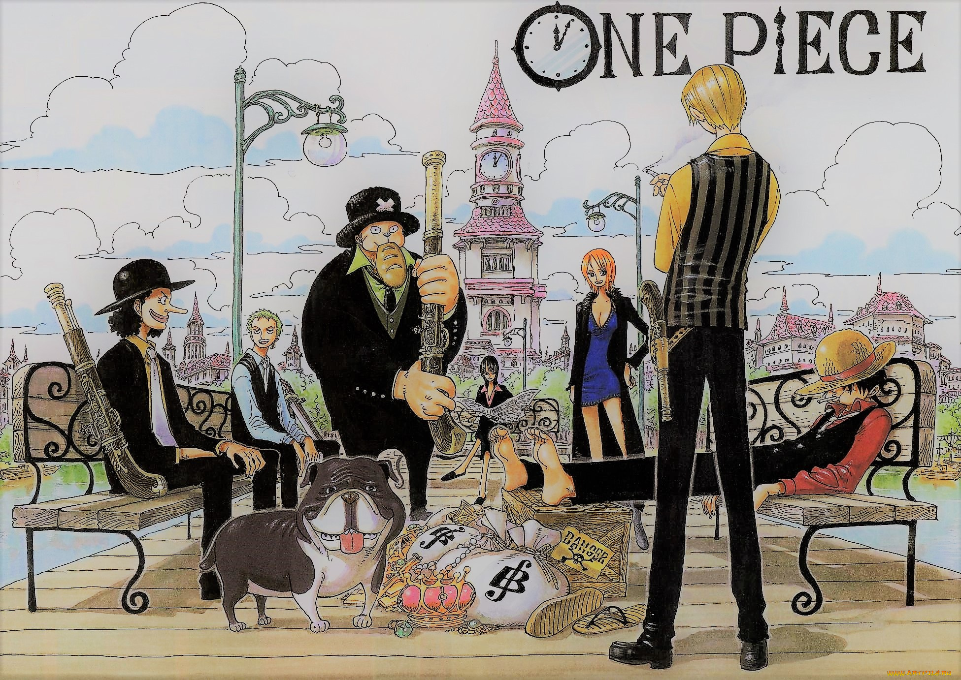 аниме, one, piece, башня, оружие, фонарь, газета, город, мешок, скамейки, драгоценности, персонажи, собака