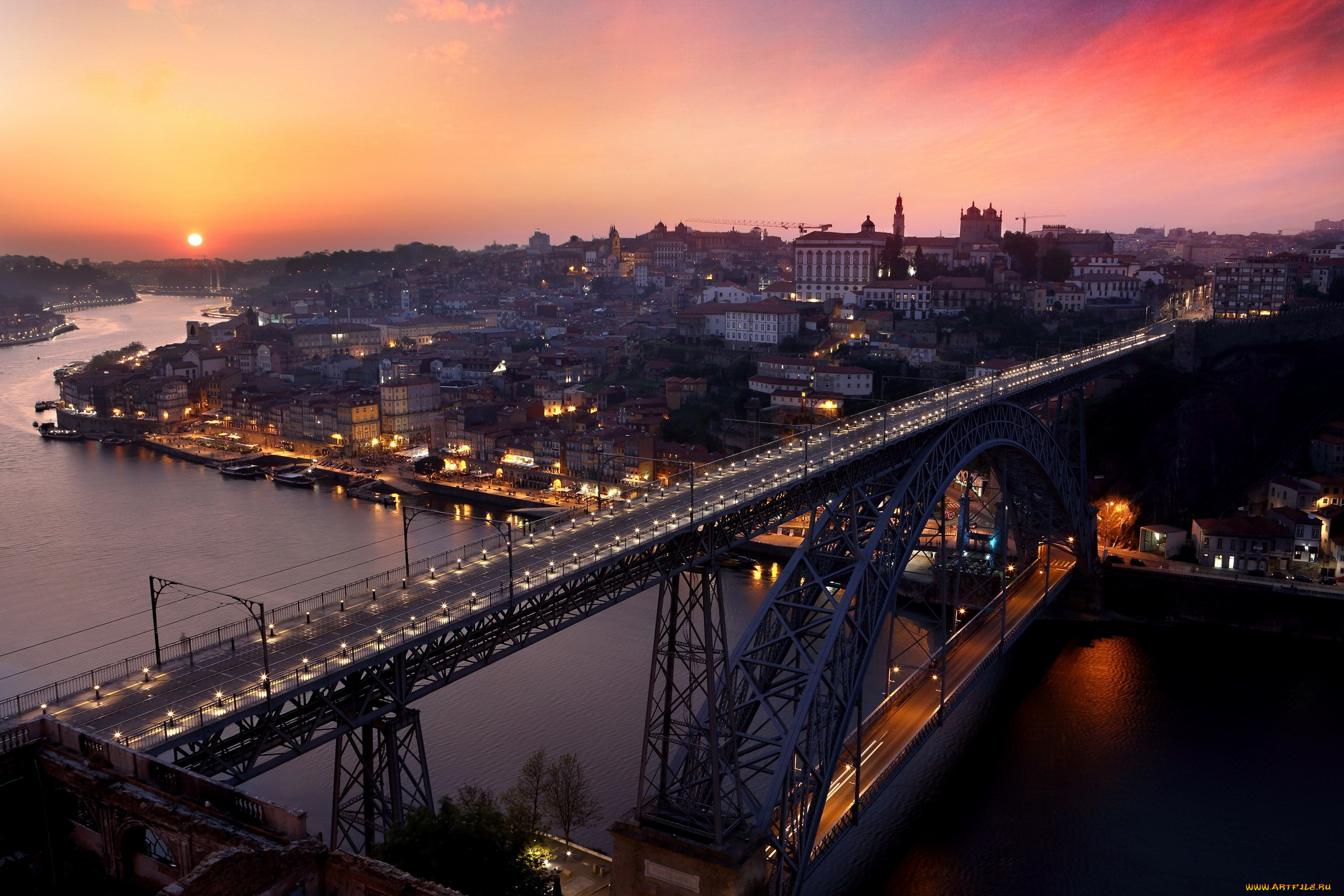 города, -, мосты, porto, sunset, ponte, luiz, город, закат