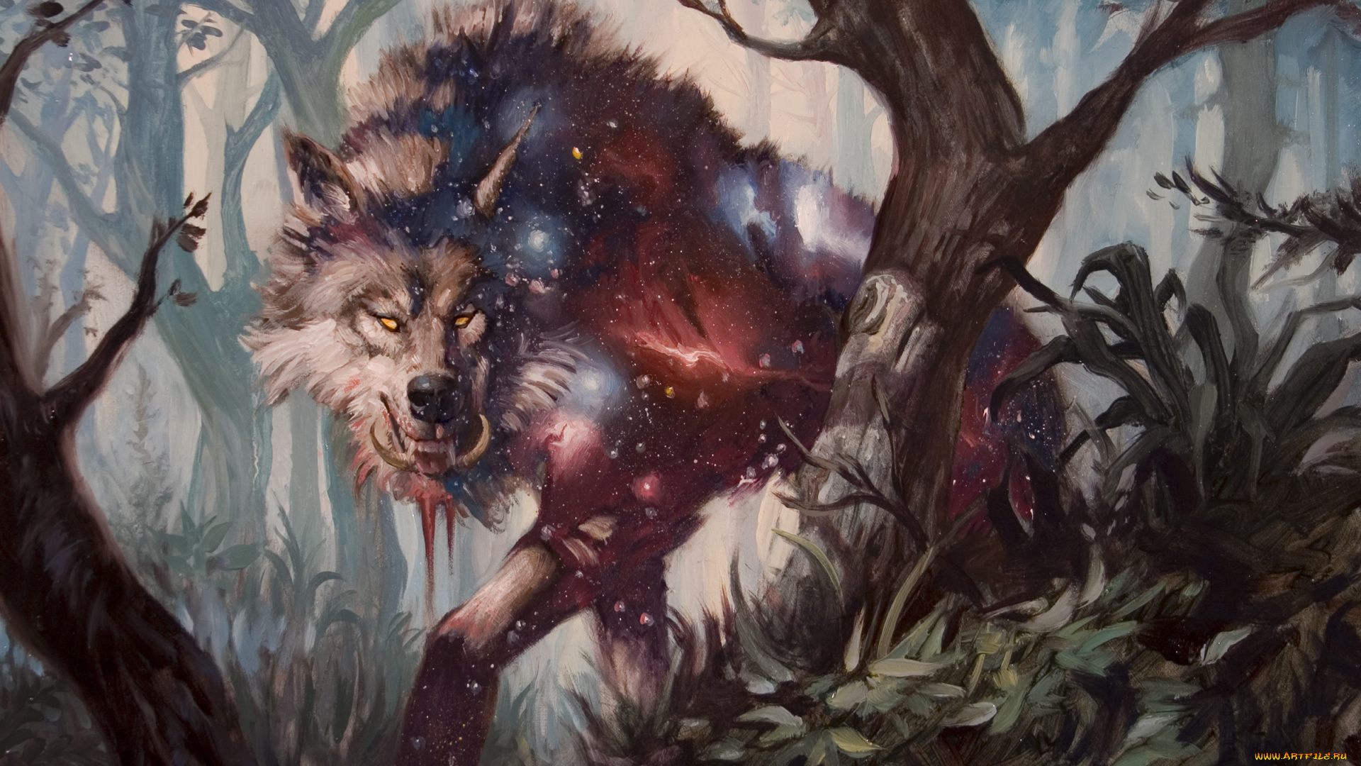 фэнтези, оборотни, волк, фон, взгляд, зубы