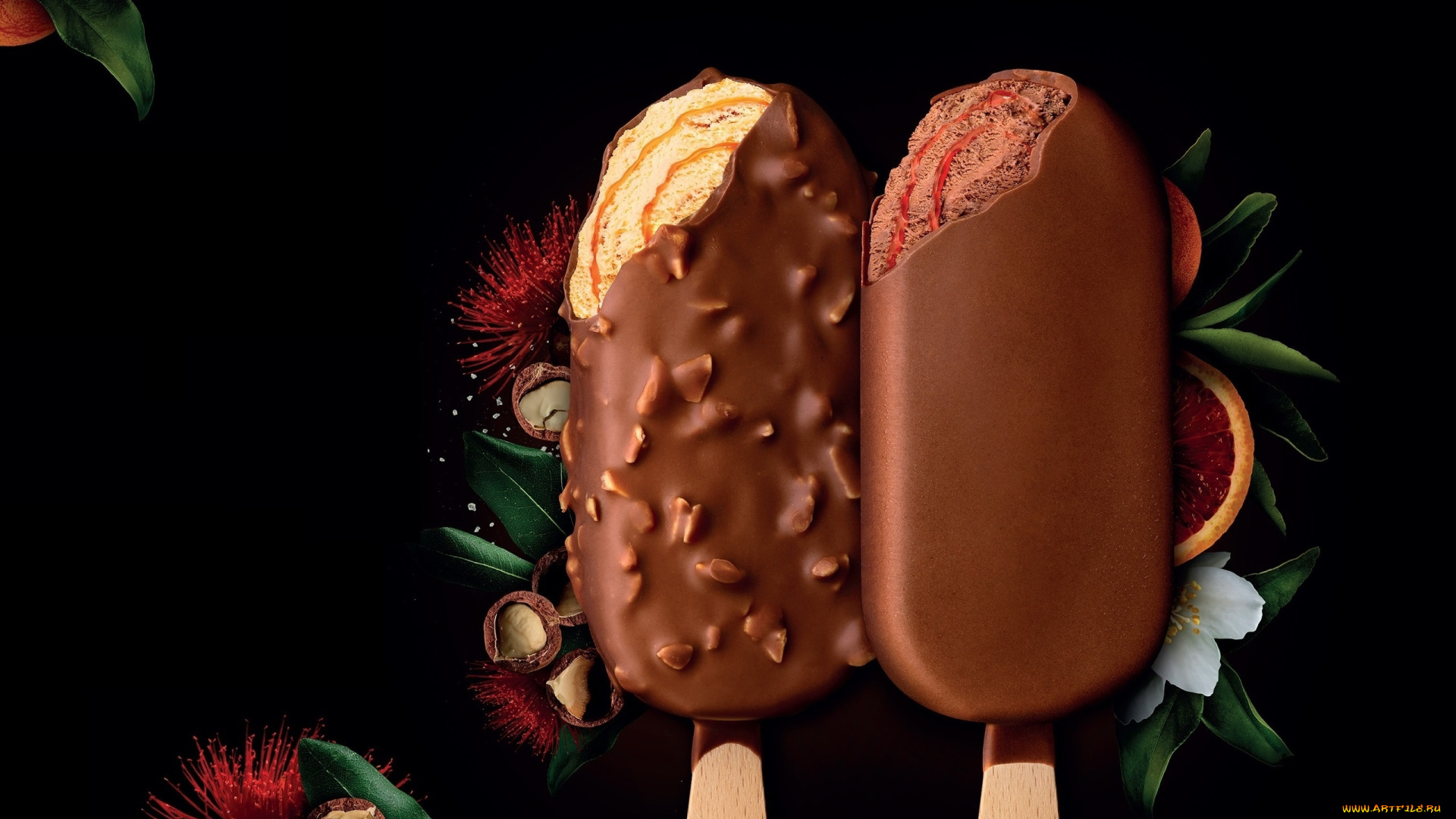 еда, мороженое, , десерты, листья, мороженное, черный, фон, орехи, фундук, эскимо, на, палочке, долька, фрукта