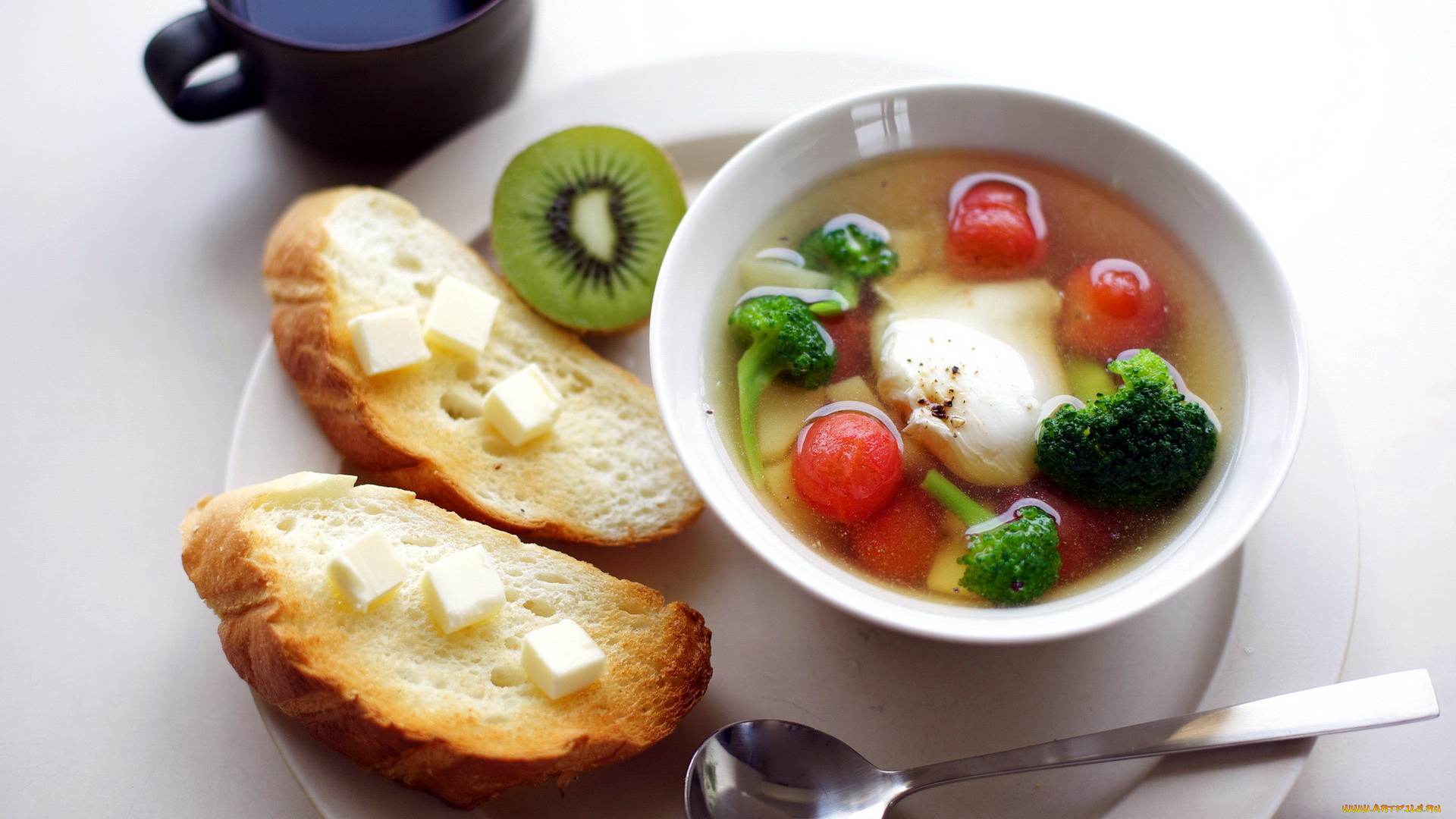 еда, первые, блюда, овощной, суп, гренки, киви